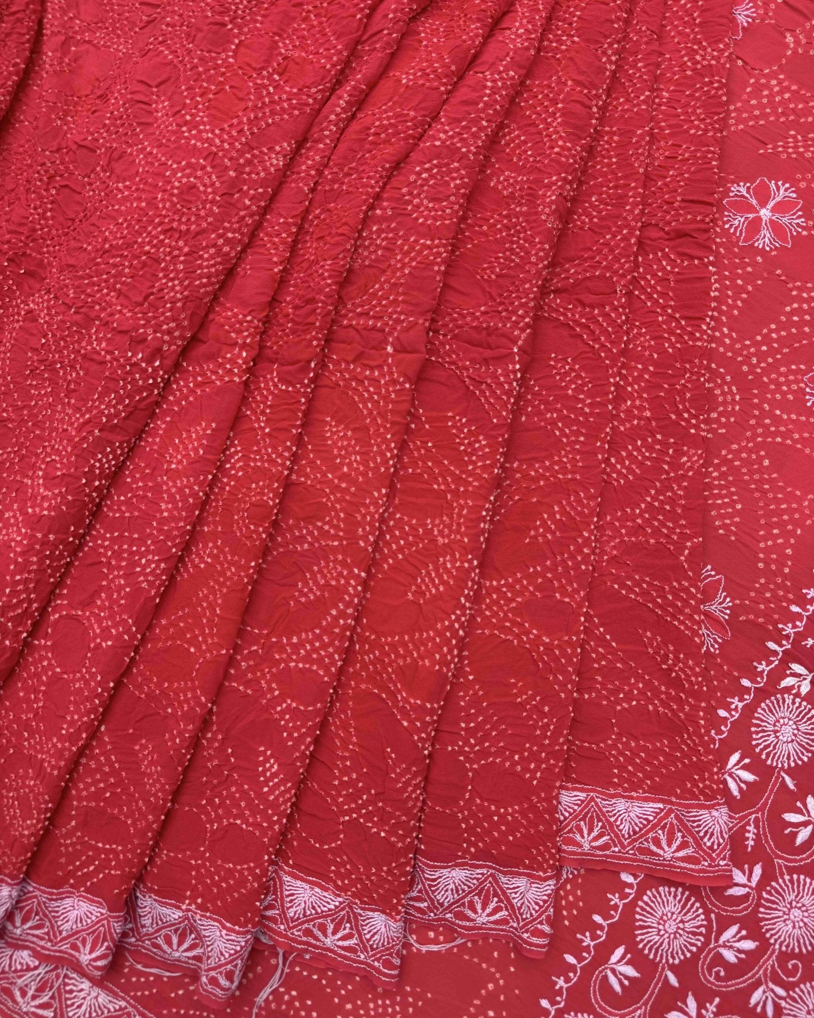 Red Lukhnowi Work Georgette Bandhani Saree - SindhoiPatolaArt