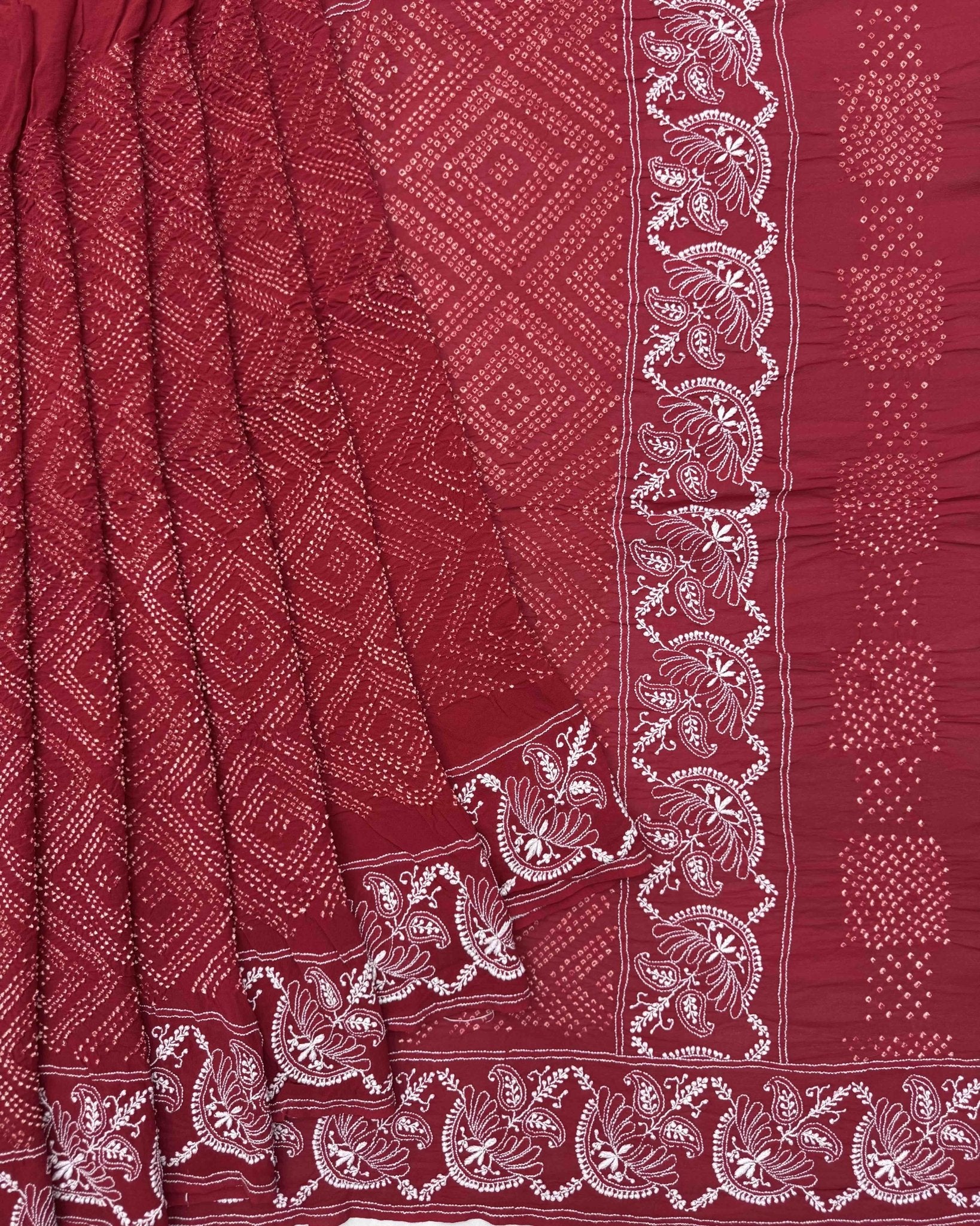 Red Lukhnowi Work Georgette Bandhani Saree - SindhoiPatolaArt