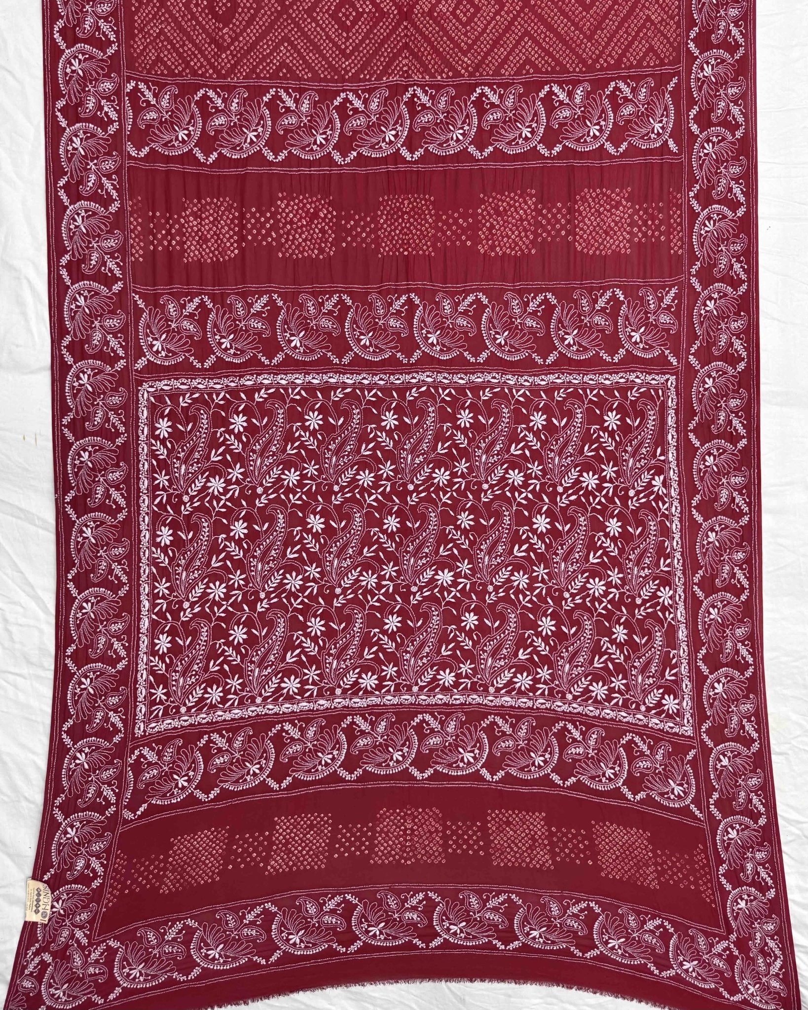 Red Lukhnowi Work Georgette Bandhani Saree - SindhoiPatolaArt