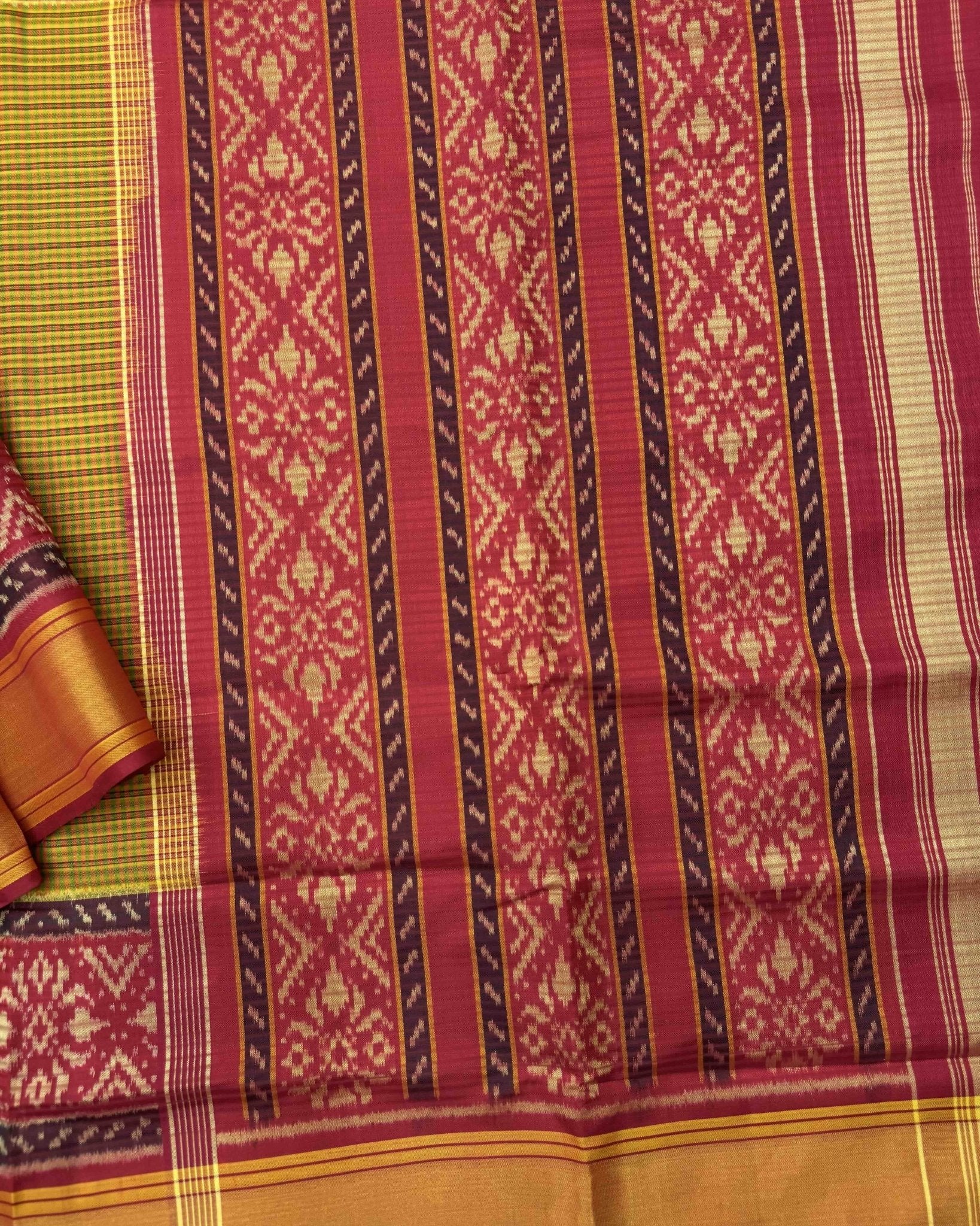 Red & Mistard Small Chex Patola Saree - SindhoiPatolaArt
