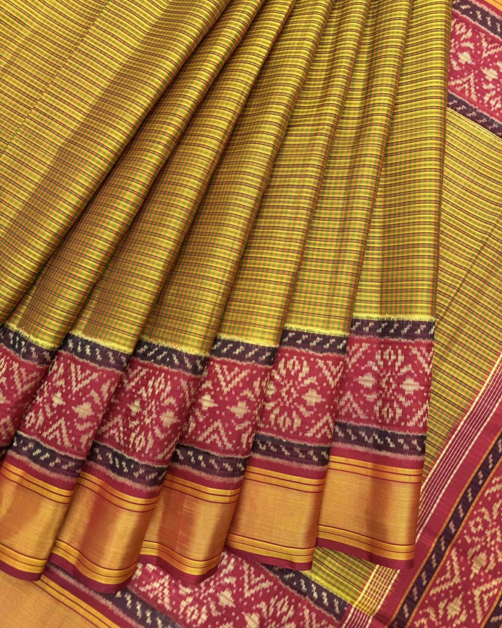 Red & Mistard Small Chex Patola Saree - SindhoiPatolaArt
