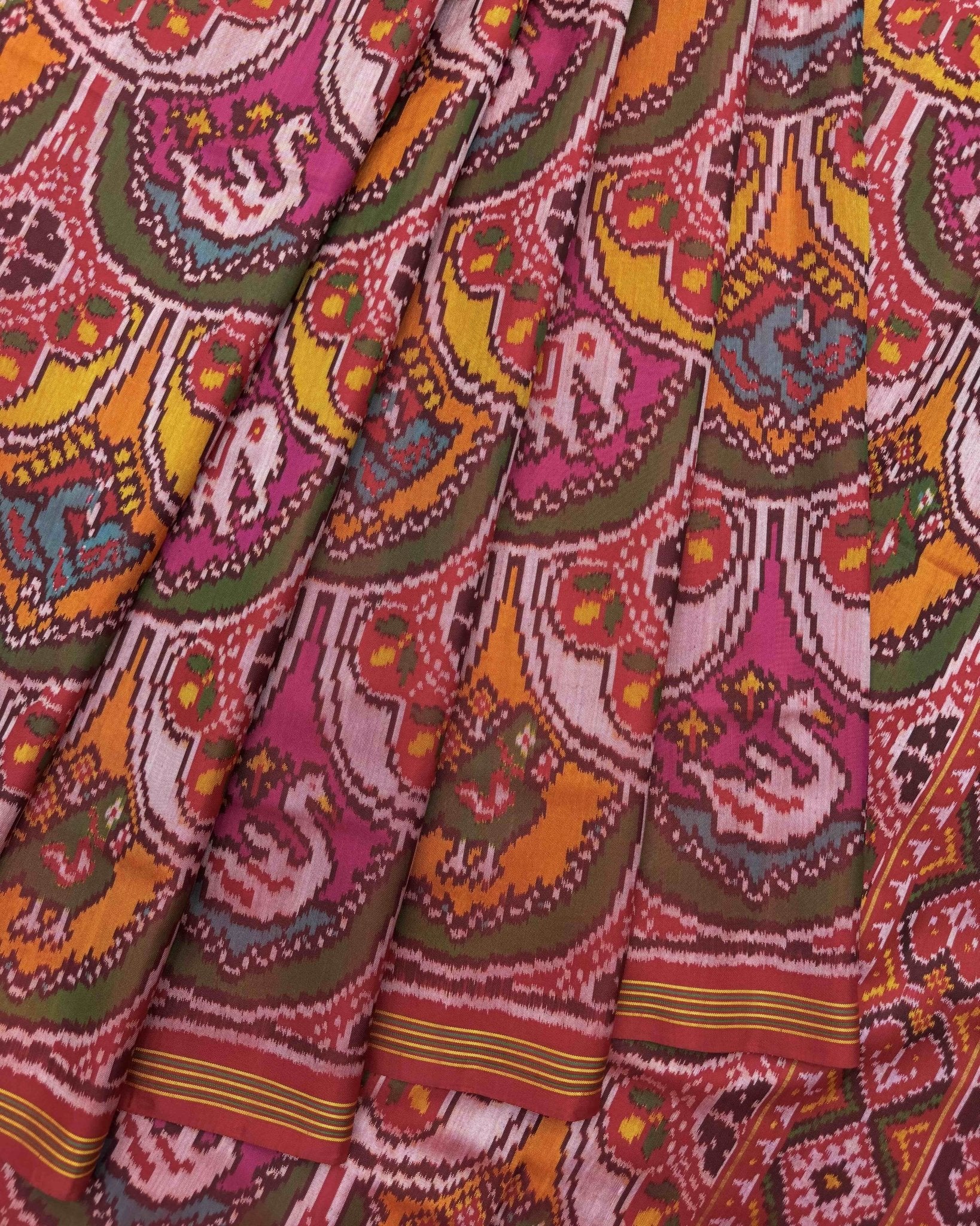 Red & Multicolor Narikunj Semi Double Ikat Patola Saree - SindhoiPatolaArt