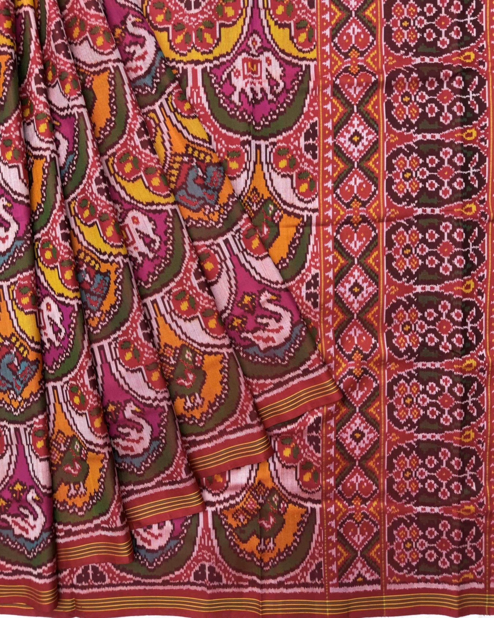 Red & Multicolor Narikunj Semi Double Ikat Patola Saree - SindhoiPatolaArt