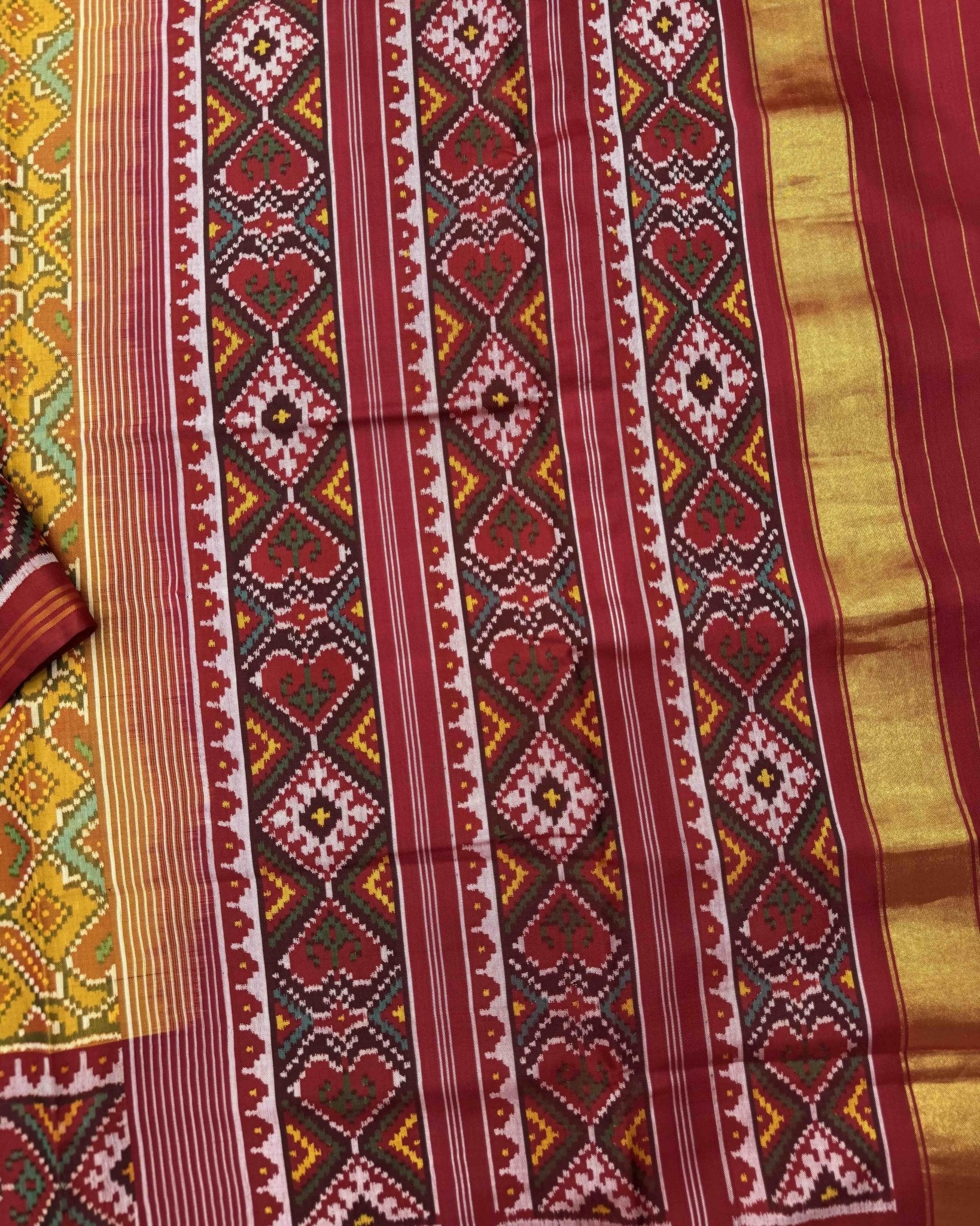 Red & Mustard Yellow Manekchowk Semi Double Ikat Patola Saree - SindhoiPatolaArt