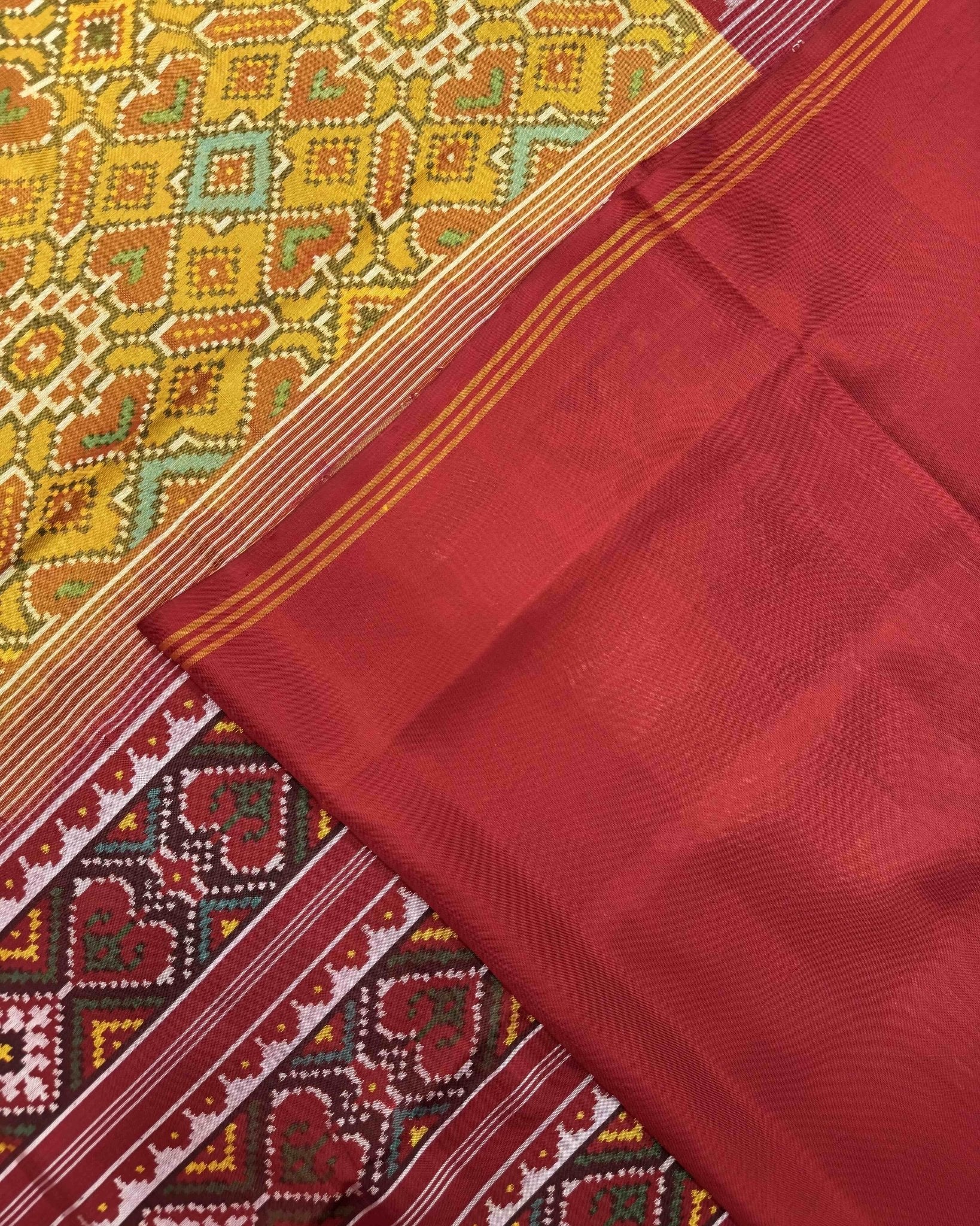 Red & Mustard Yellow Manekchowk Semi Double Ikat Patola Saree - SindhoiPatolaArt