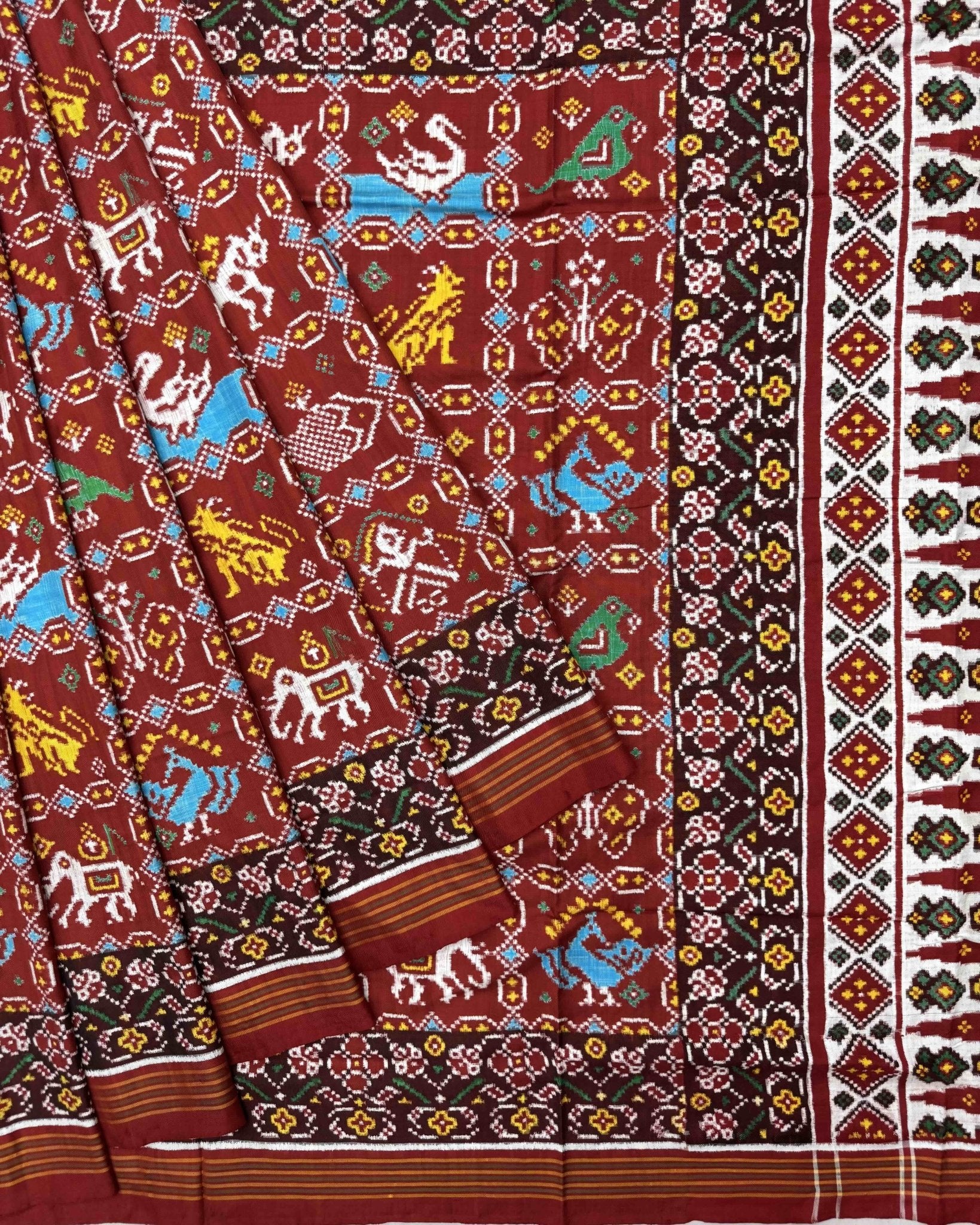 Red Narikunj Double Ikat Patola Saree - SindhoiPatolaArt