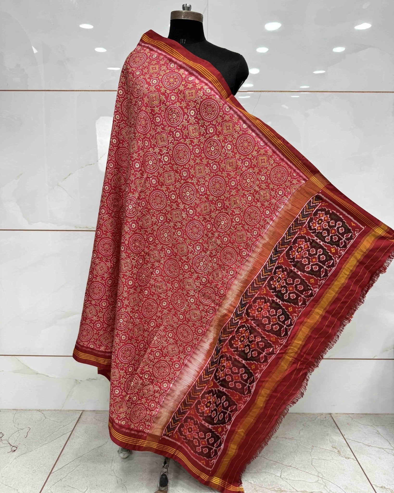Red Natural Ajrakh Print Patola Dupatta - SindhoiPatolaArt