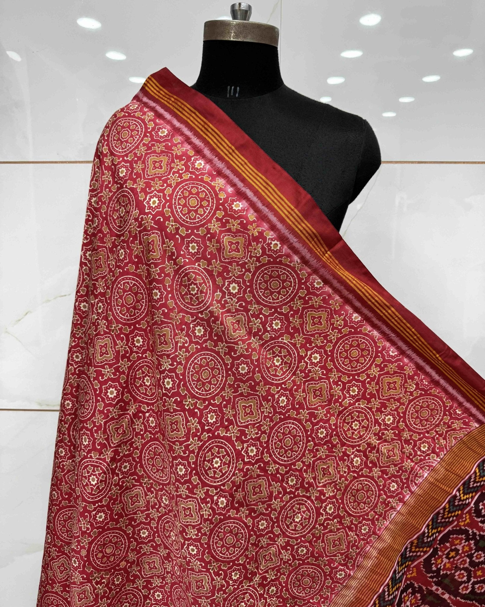 Red Natural Ajrakh Print Patola Dupatta - SindhoiPatolaArt