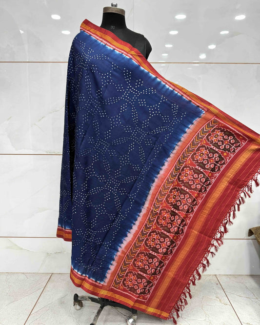 Red & Navy Blue Bandhani Patola Dupatta - SindhoiPatolaArt