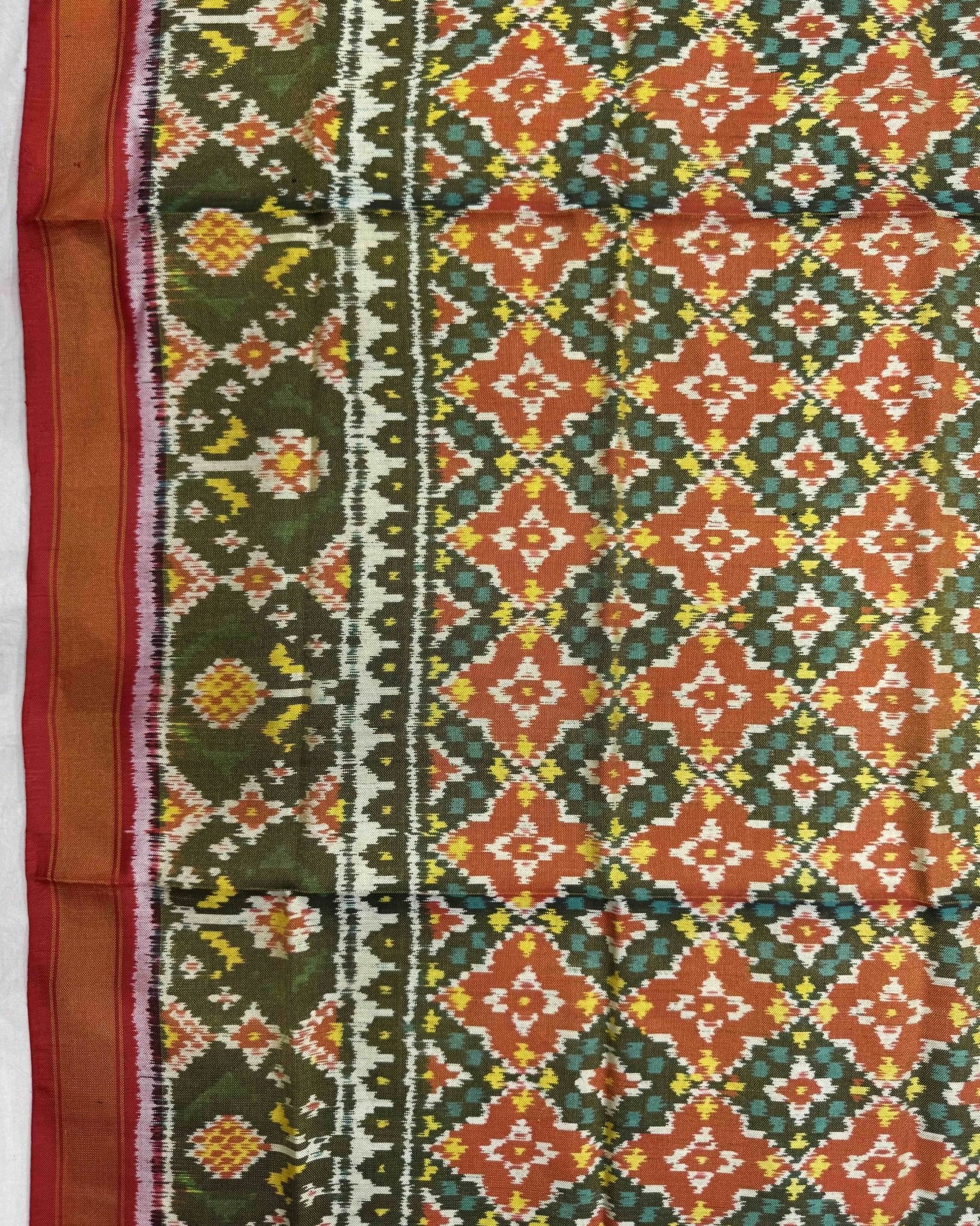 Red & Orange Buttonful Tissue Semi Double Ikat Patola Dupatta - SindhoiPatolaArt