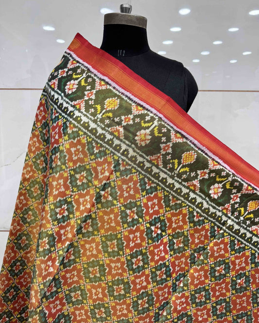 Red & Orange Buttonful Tissue Semi Double Ikat Patola Dupatta - SindhoiPatolaArt