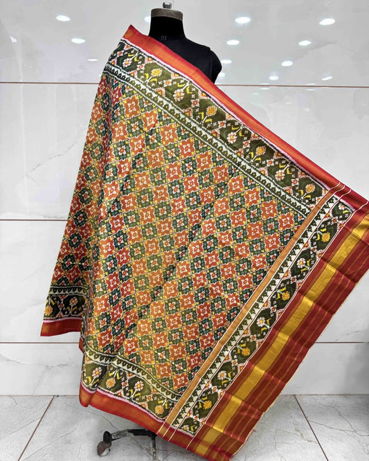 Red & Orange Buttonful Tissue Semi Double Ikat Patola Dupatta - SindhoiPatolaArt