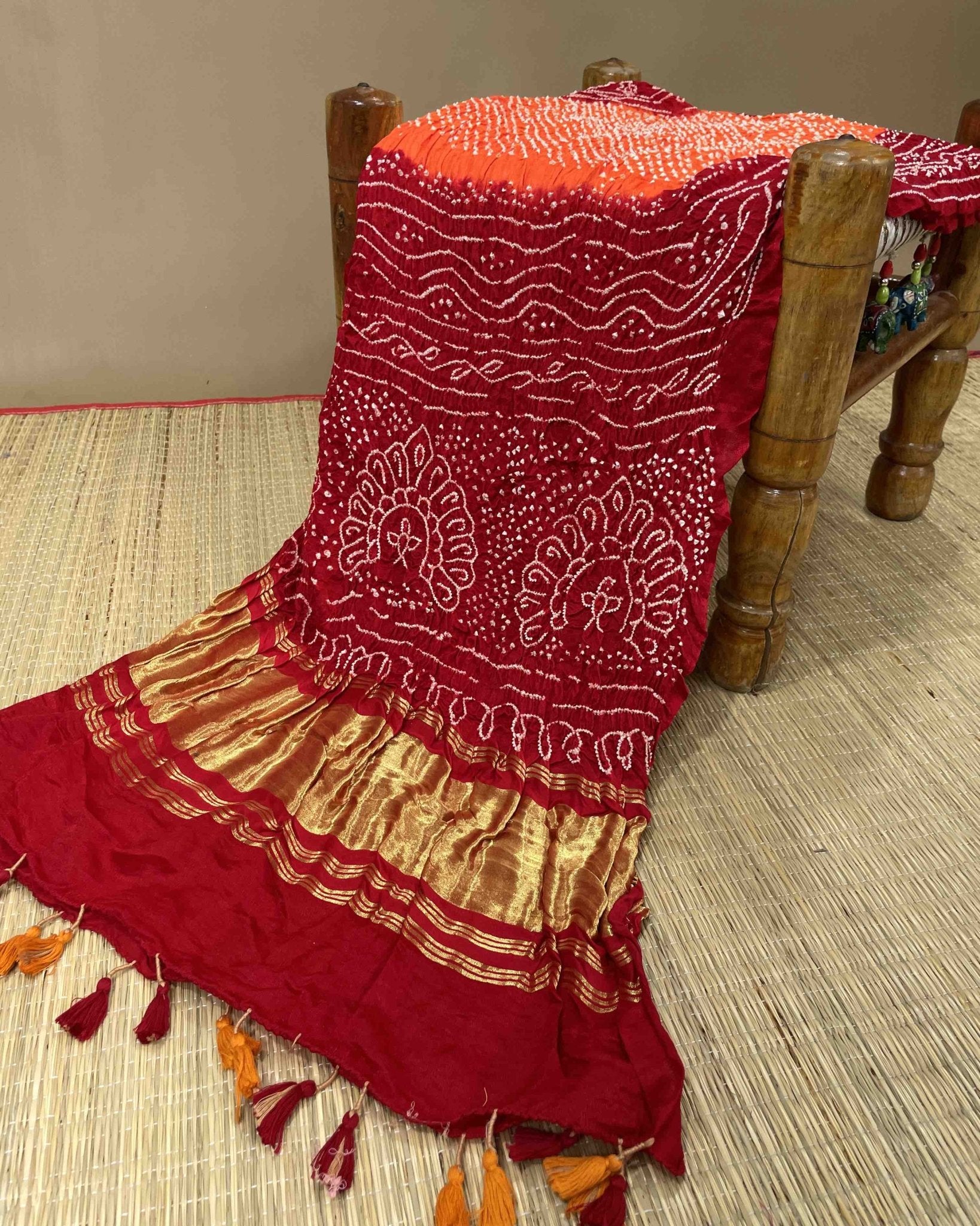 Red & Orange Gaji Bandhani Dupatta - SindhoiPatolaArt