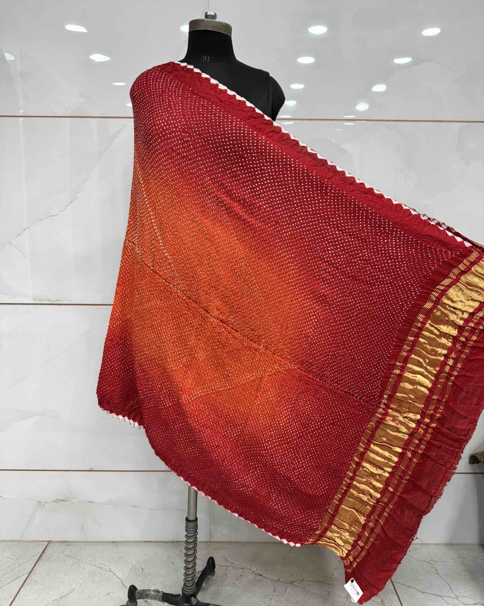 Red & Orange Gajji Silk Bandhani Dupatta - SindhoiPatolaArt