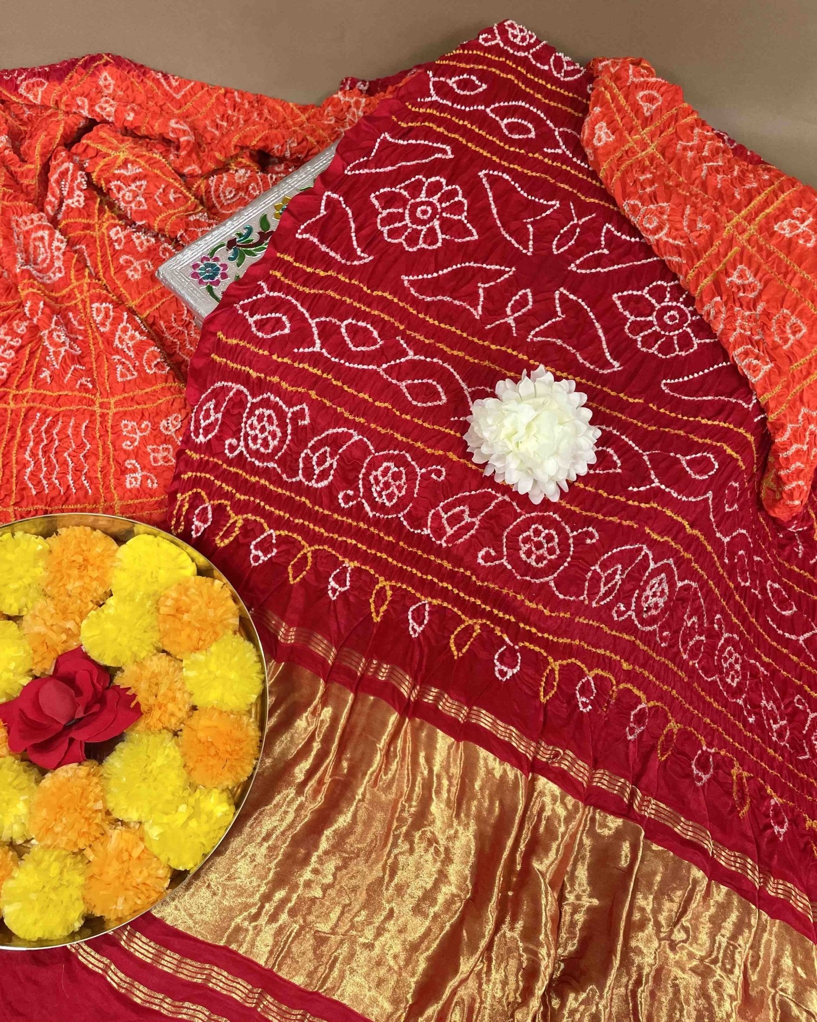Red & Orange Gajji Silk Bandhani Saree - SindhoiPatolaArt