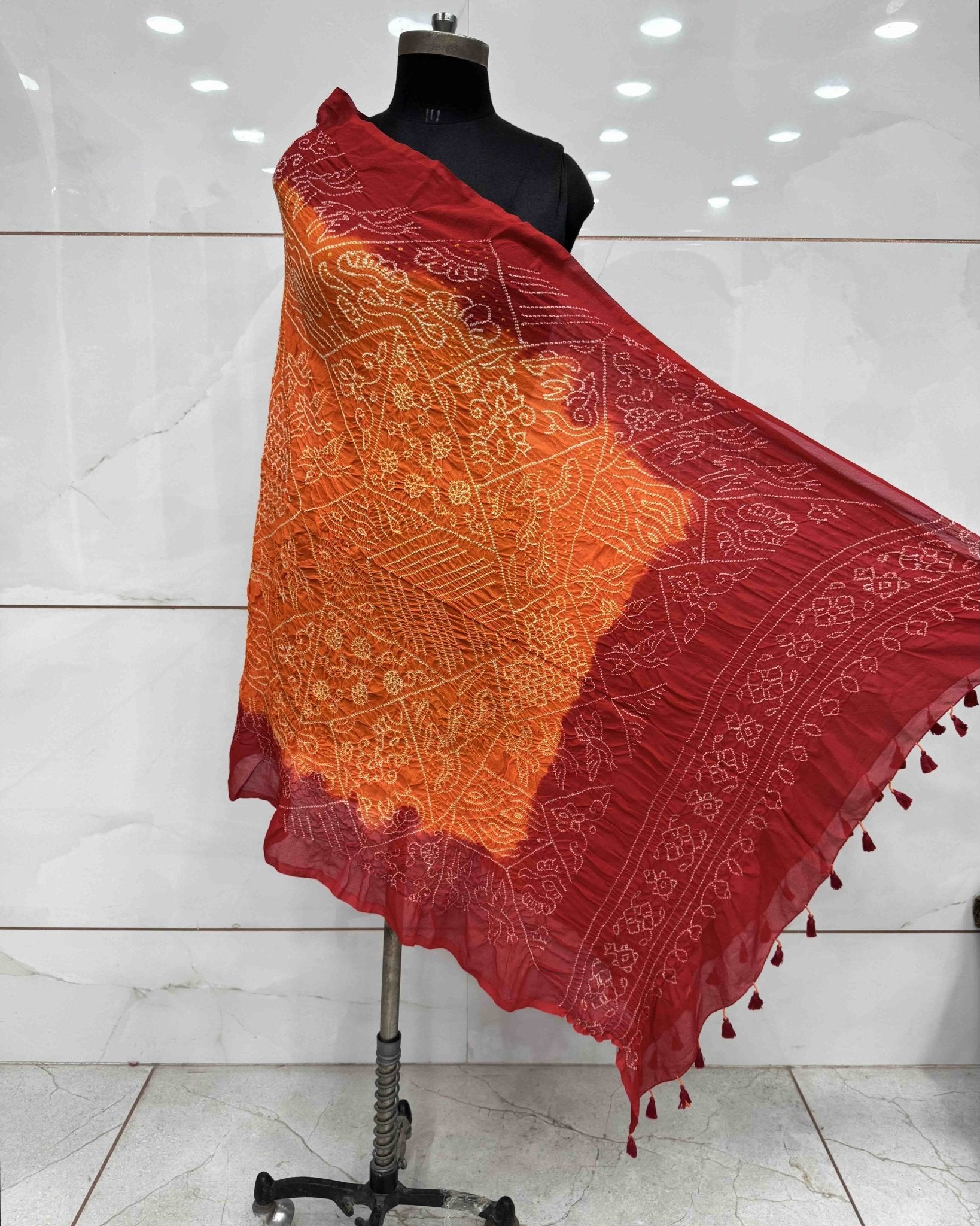 Red & Orange Georgette Bandhani Dupatta - SindhoiPatolaArt