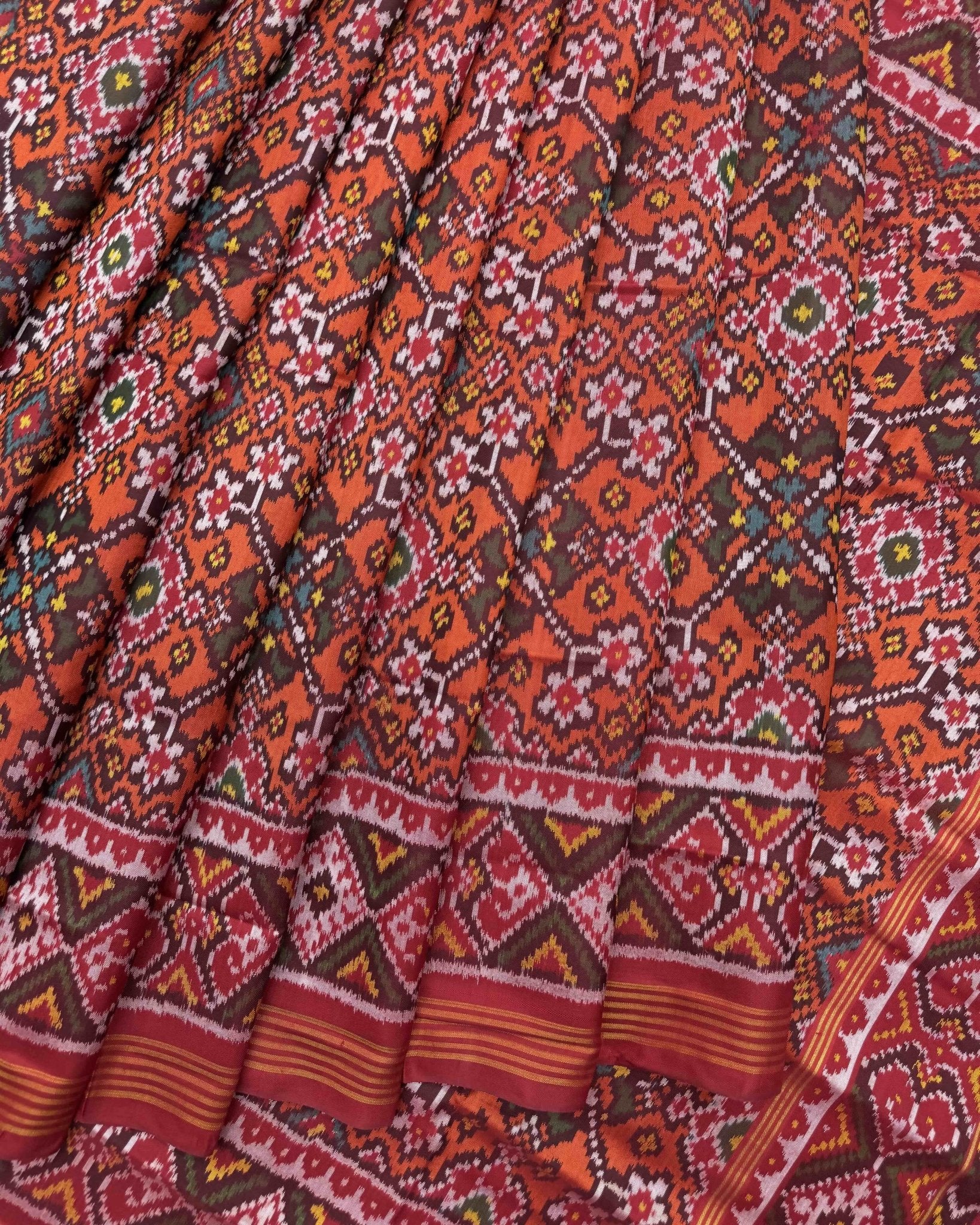 Red & Orange Navratan Semi Double Ikat Patola Saree - SindhoiPatolaArt
