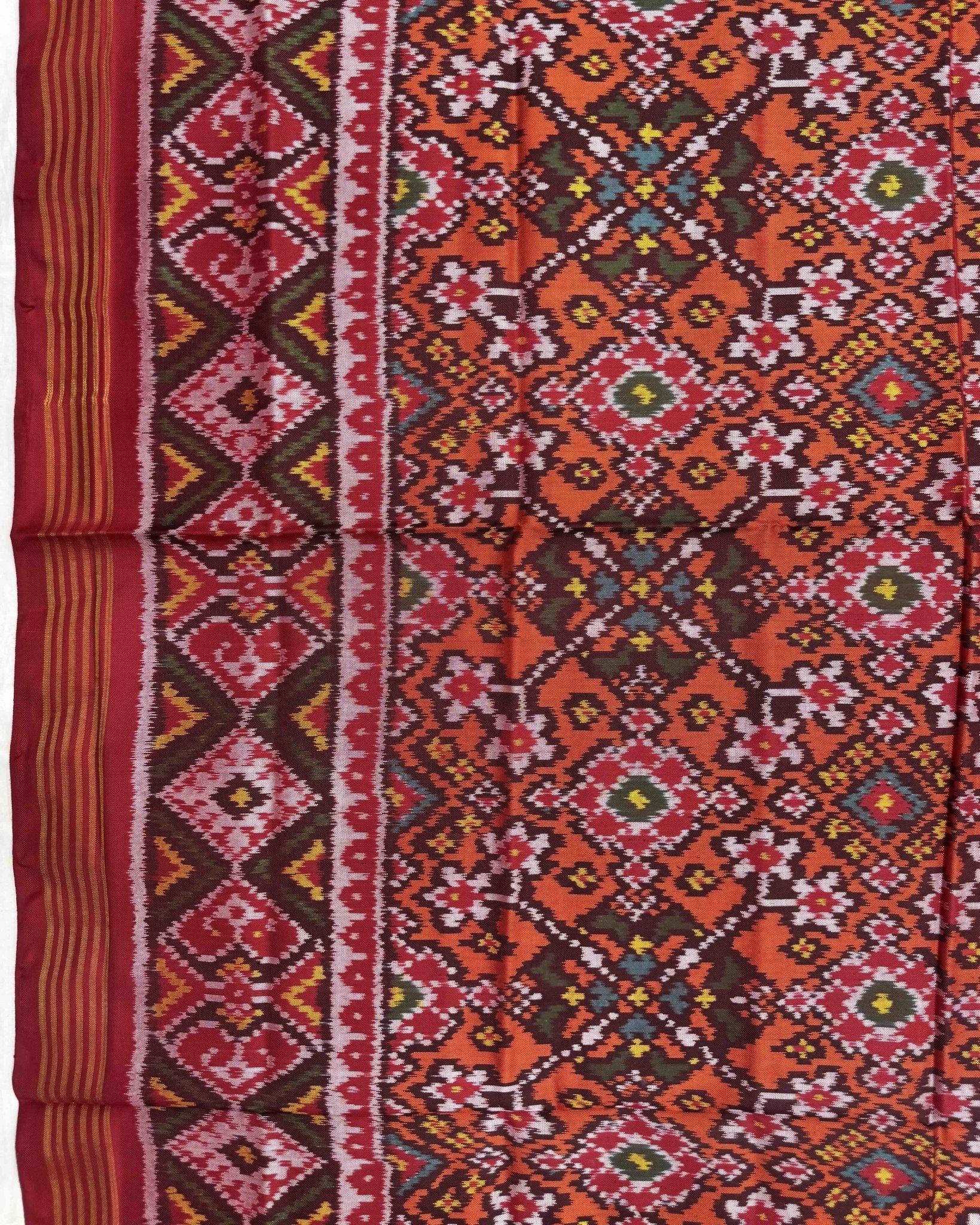 Red & Orange Navratan Semi Double Ikat Patola Saree - SindhoiPatolaArt