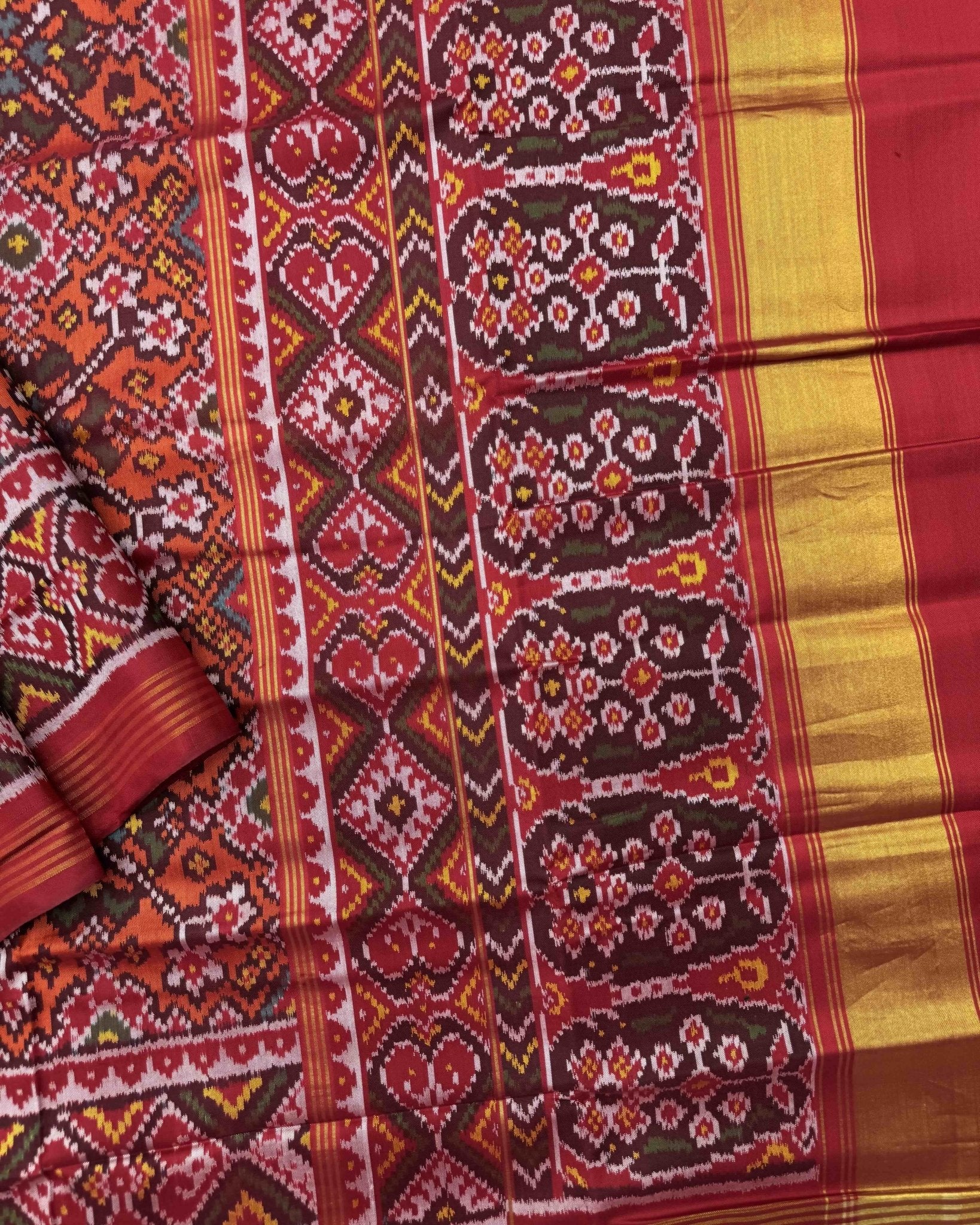 Red & Orange Navratan Semi Double Ikat Patola Saree - SindhoiPatolaArt