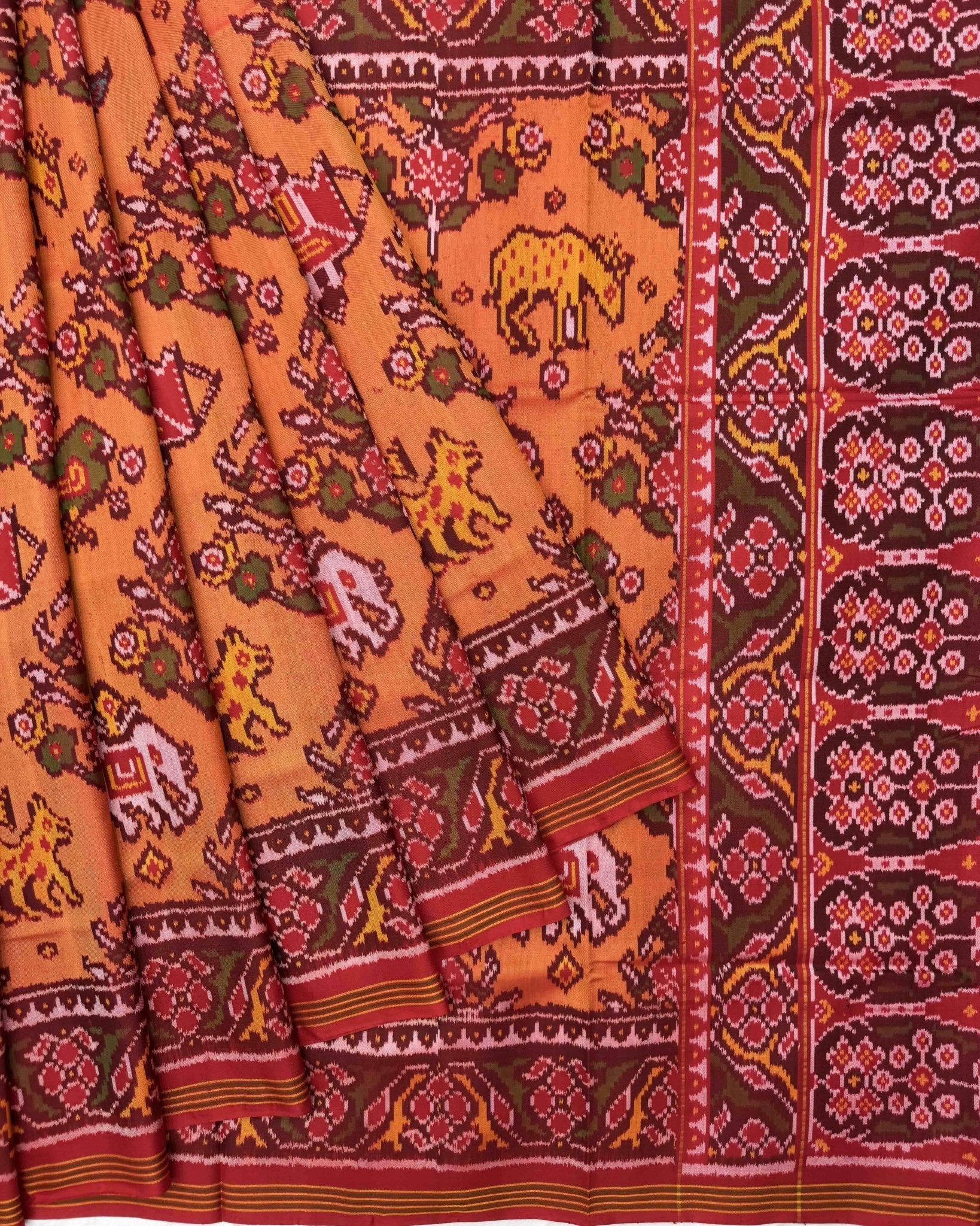 Red & Peach Orange Narikunj Flower Semi Double Ikat Patola Saree - SindhoiPatolaArt