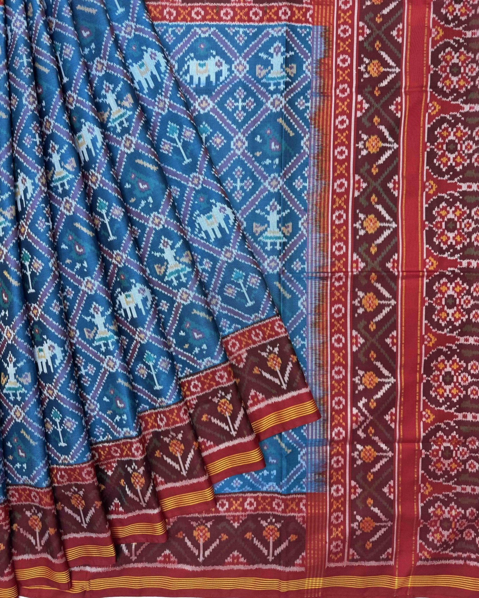 Red & Peacock Blue Narikunj Semi Double Ikat Patola Saree - SindhoiPatolaArt