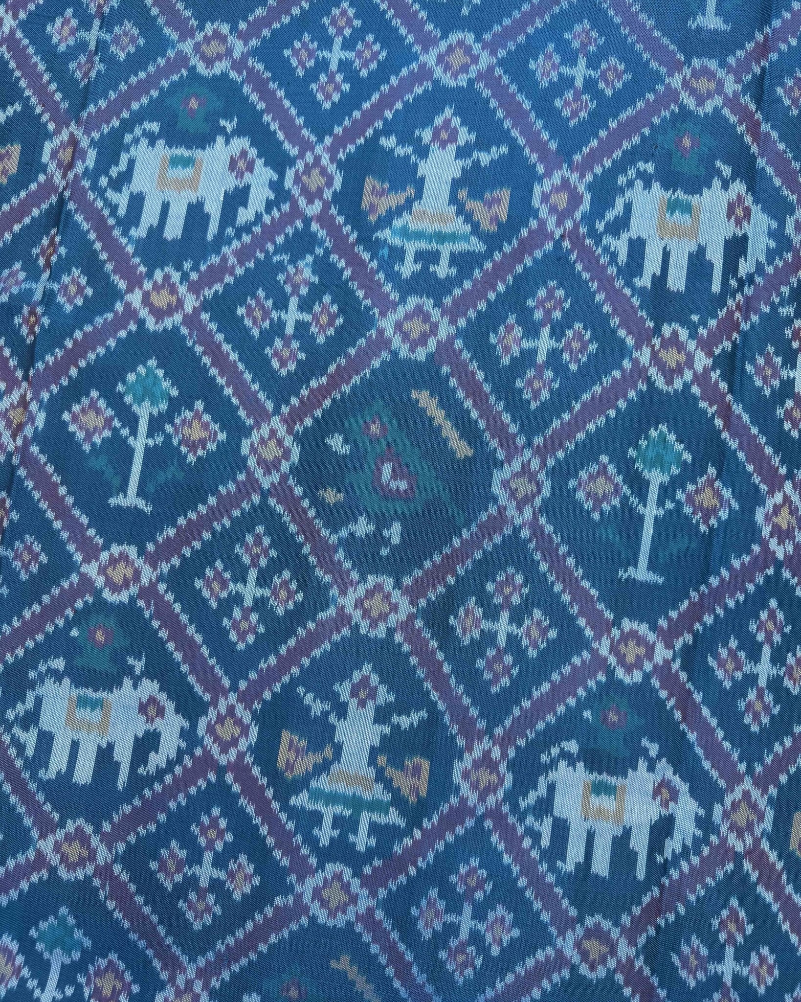 Red & Peacock Blue Narikunj Semi Double Ikat Patola Saree - SindhoiPatolaArt