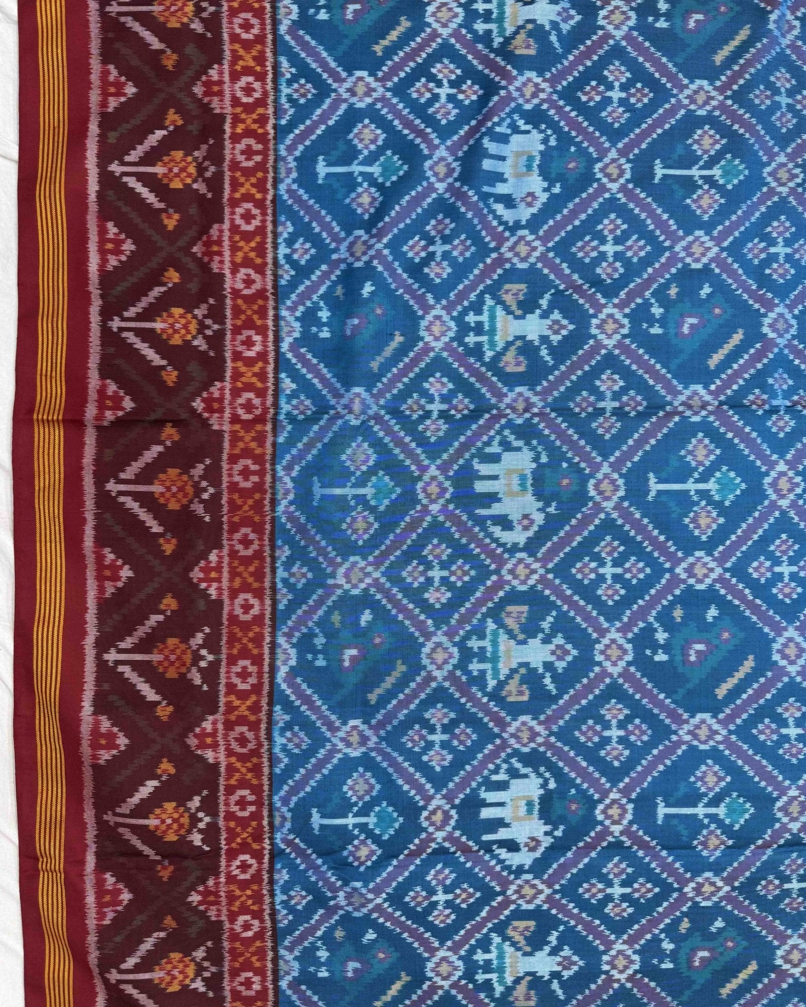 Red & Peacock Blue Narikunj Semi Double Ikat Patola Saree - SindhoiPatolaArt