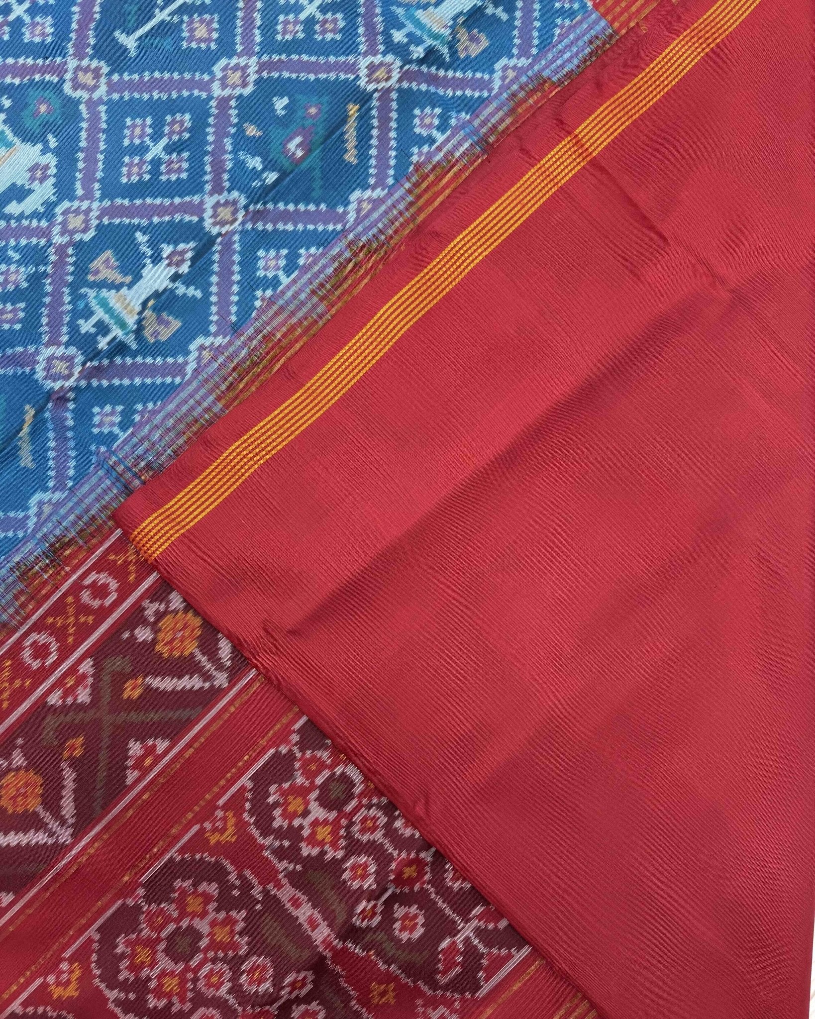 Red & Peacock Blue Narikunj Semi Double Ikat Patola Saree - SindhoiPatolaArt