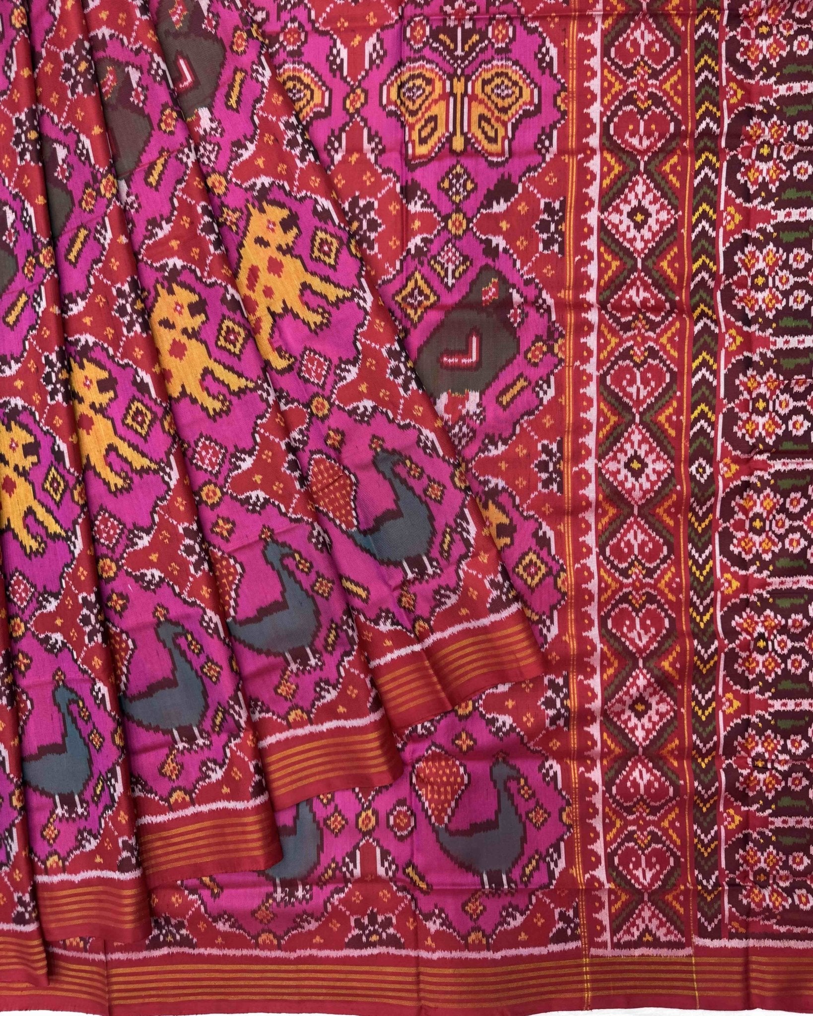 Red & Pink Bif Figure Narikunj Semi Double Ikat Patola Saree - SindhoiPatolaArt