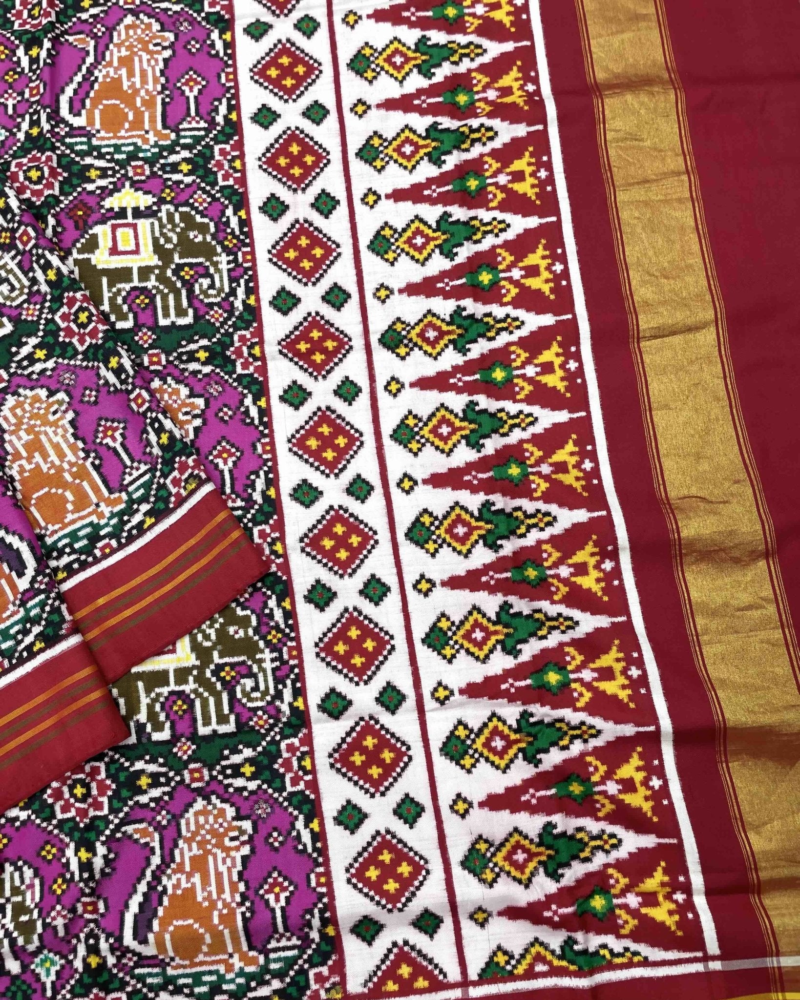 Red & Pink Chhabdi Narikunj Double Ikat Patola Saree - SindhoiPatolaArt