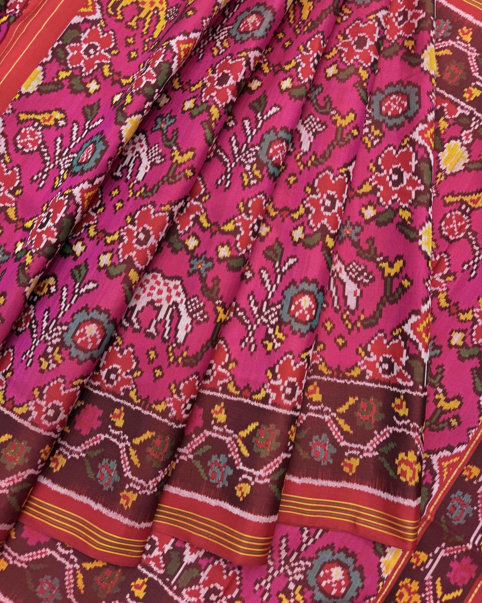 Red & Pink Flower Deer Semi Double Ikat Patola Saree - SindhoiPatolaArt