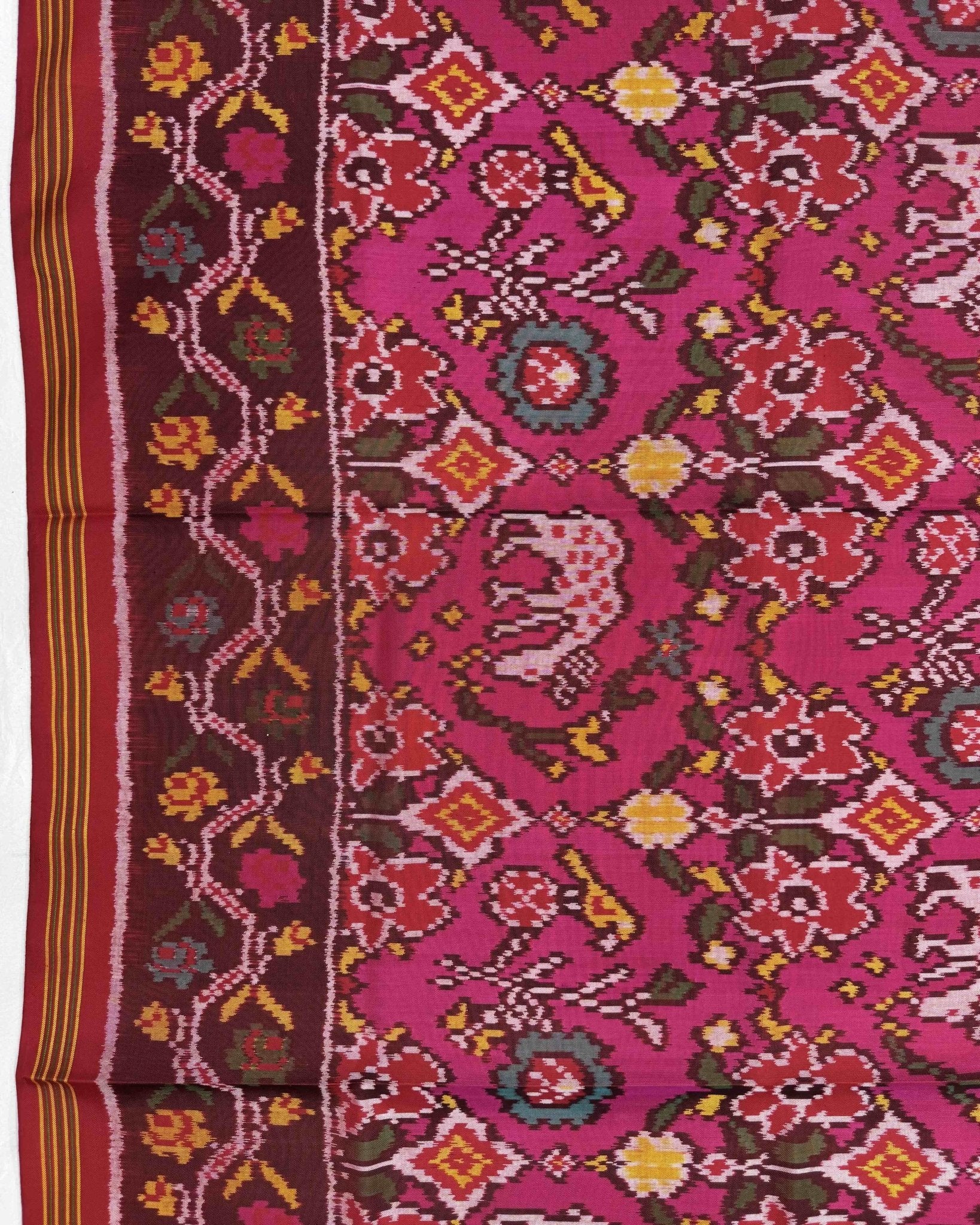 Red & Pink Flower Deer Semi Double Ikat Patola Saree - SindhoiPatolaArt