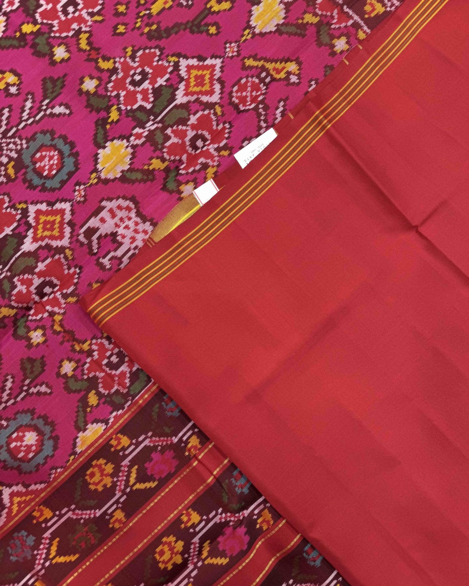 Red & Pink Flower Deer Semi Double Ikat Patola Saree - SindhoiPatolaArt