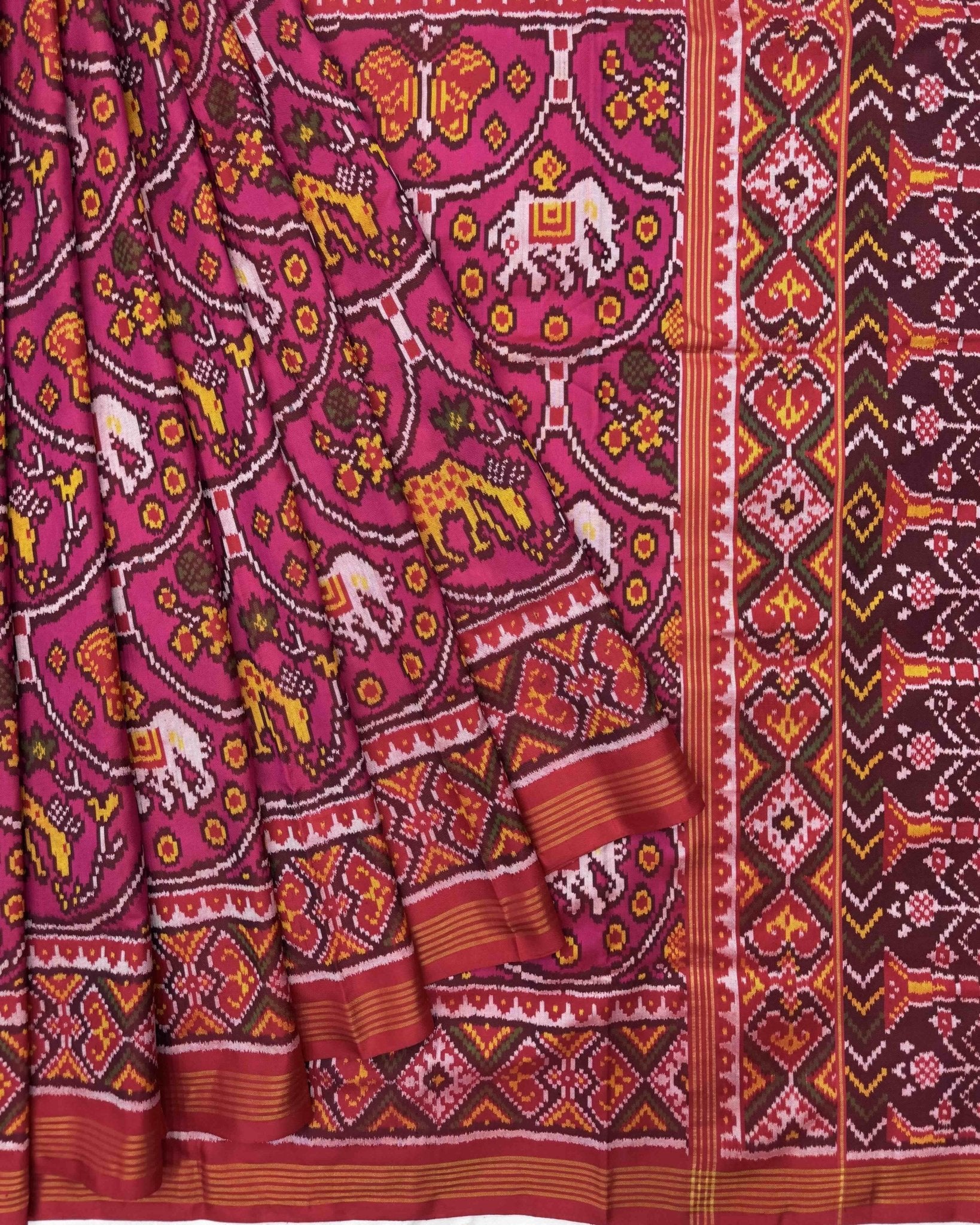 Red & Pink New Narikunj Design Semi Double Ikat Patola Saree - SindhoiPatolaArt