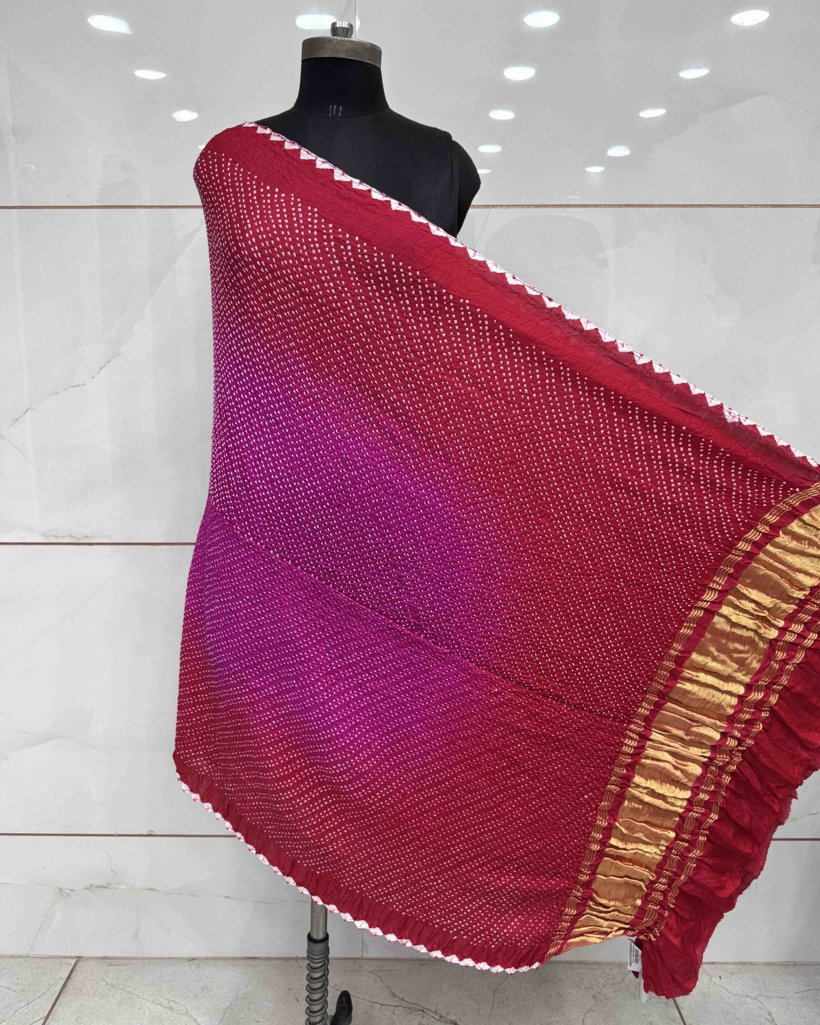 Red & Pink Shaded Gajji Silk Bandhani Dupatta - SindhoiPatolaArt