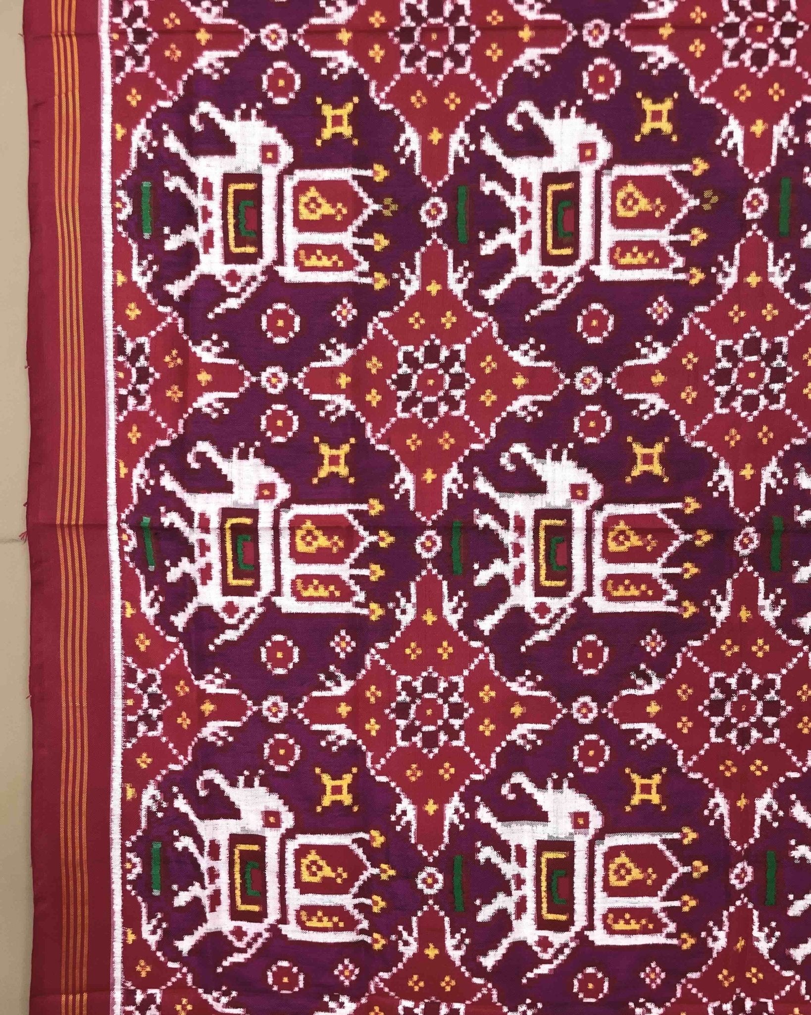 Red & Purple Big Figure Elephant Chhabdi Patola Dupatta - SindhoiPatolaArt