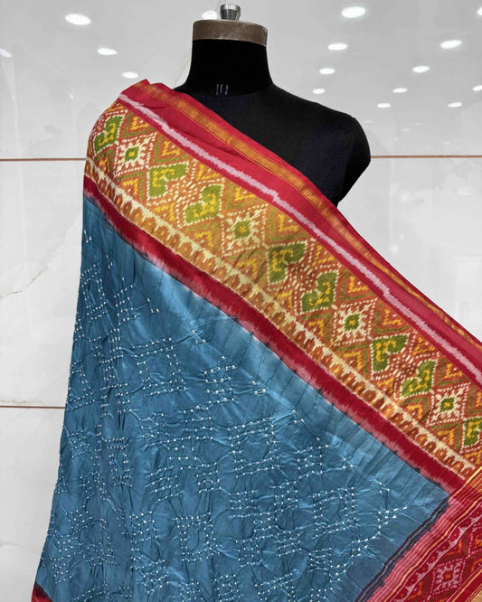 Red & Rama Sky Blue Bandhani Patola Dupatta - SindhoiPatolaArt