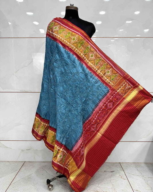 Red & Rama Sky Blue Bandhani Patola Dupatta - SindhoiPatolaArt