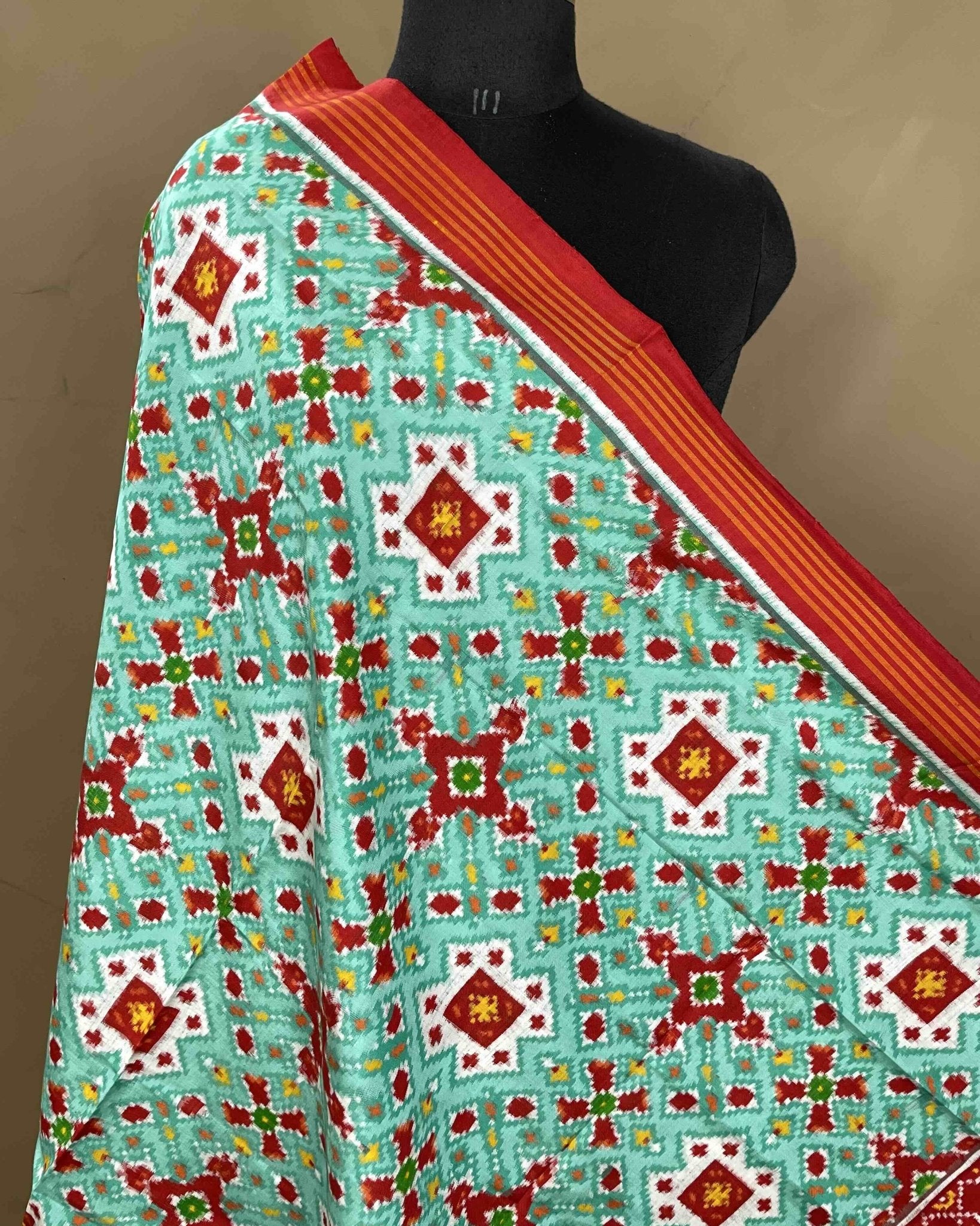 Red & Seagreen Navratan Mix Designer Patola Dupata - SindhoiPatolaArt