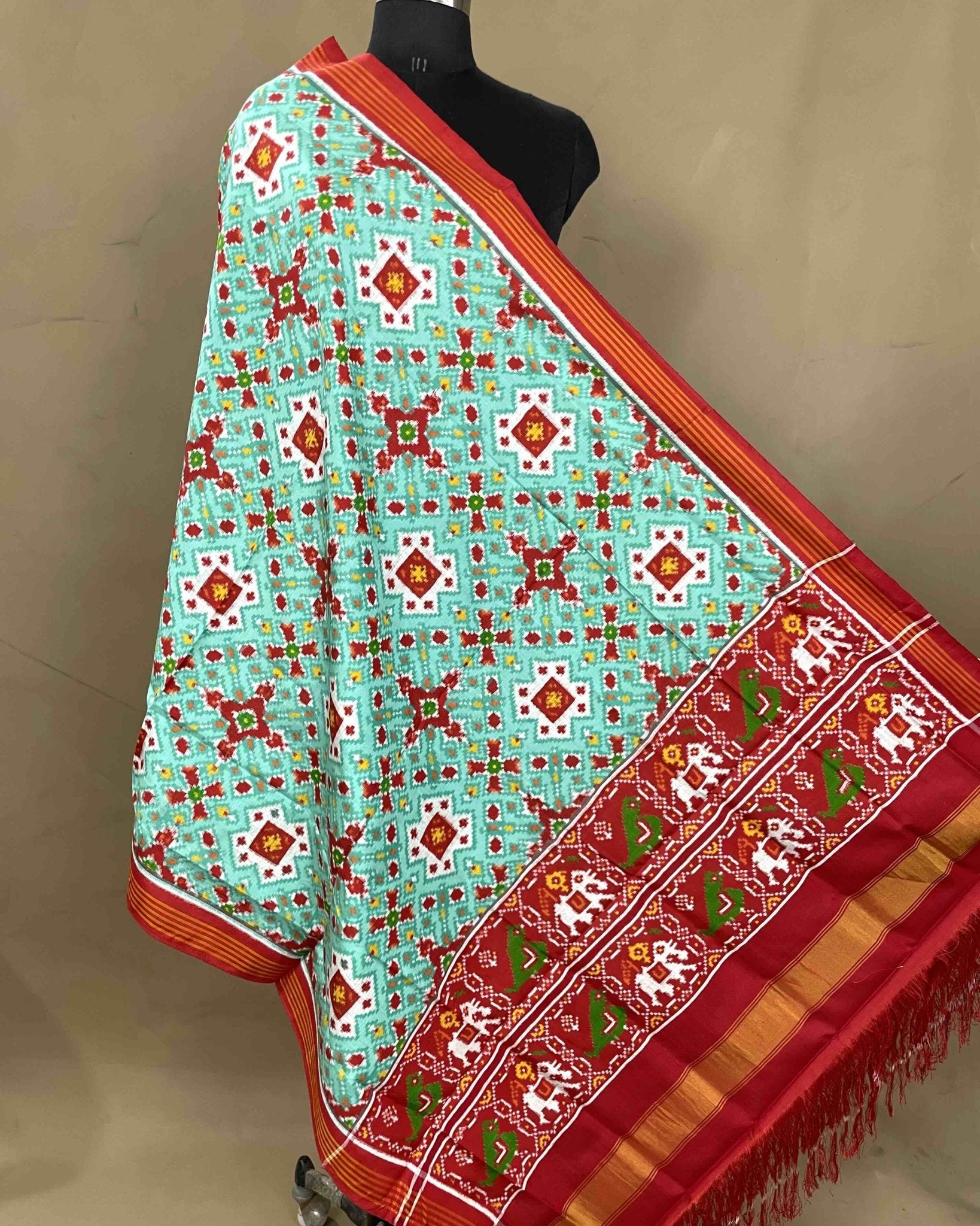 Red & Seagreen Navratan Mix Designer Patola Dupata - SindhoiPatolaArt