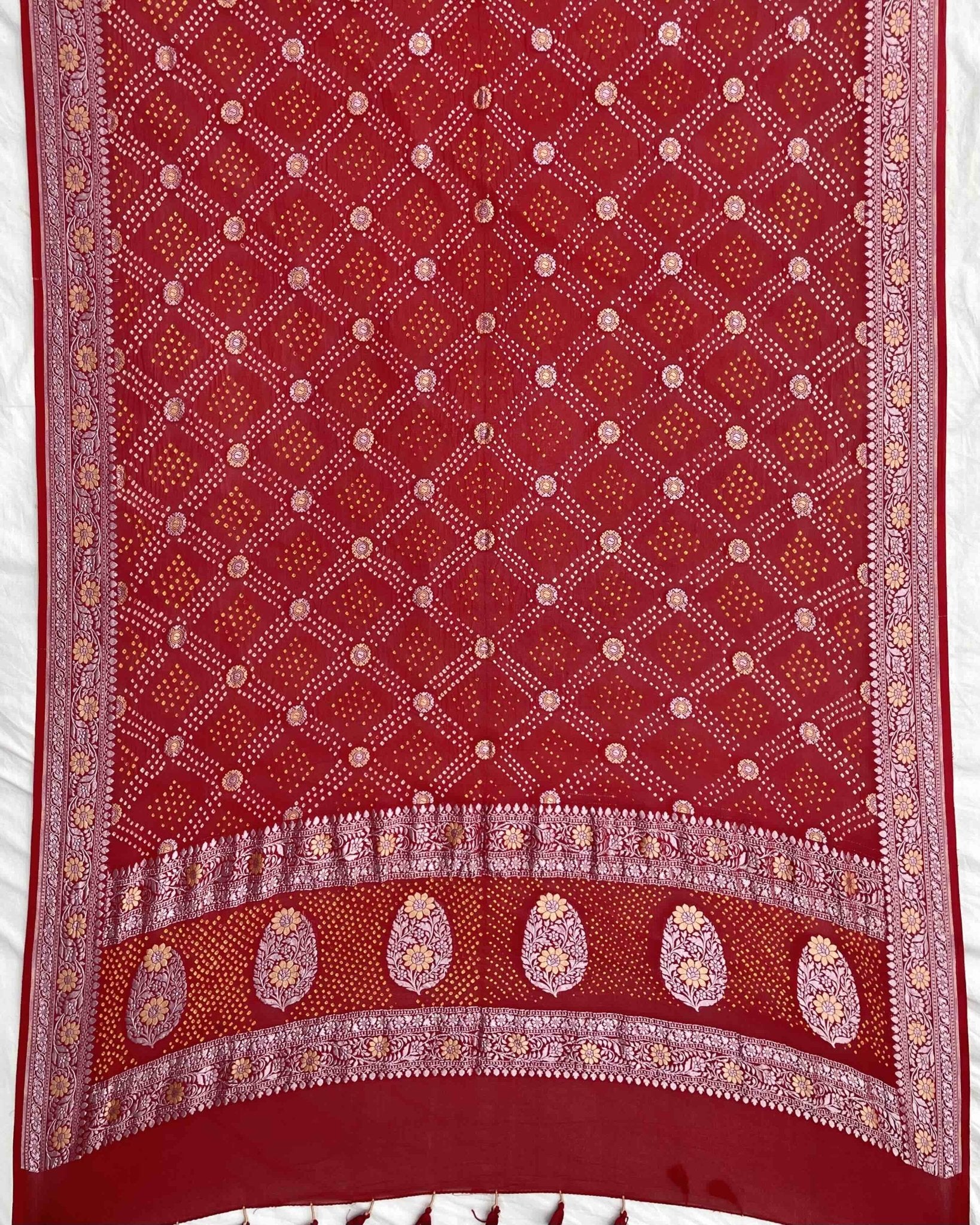 Red Silver Golden Georgette Bandhani Dupatta - SindhoiPatolaArt