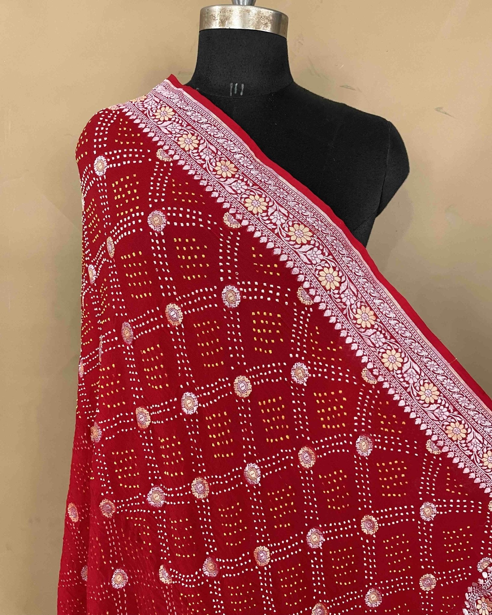 Red Silver Golden Georgette Bandhani Dupatta - SindhoiPatolaArt
