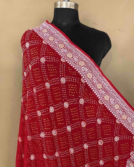 Red Silver Golden Georgette Bandhani Dupatta - SindhoiPatolaArt