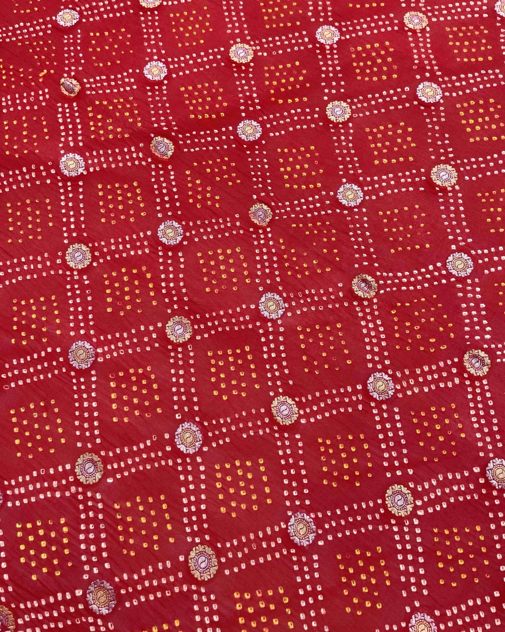 Red Silver Golden Georgette Bandhani Dupatta - SindhoiPatolaArt