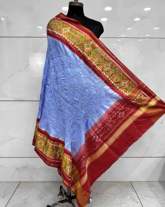 Red & Sky Blue Bandhani Patola Dupatta - SindhoiPatolaArt