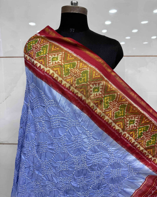Red & Sky Blue Bandhani Patola Dupatta - SindhoiPatolaArt