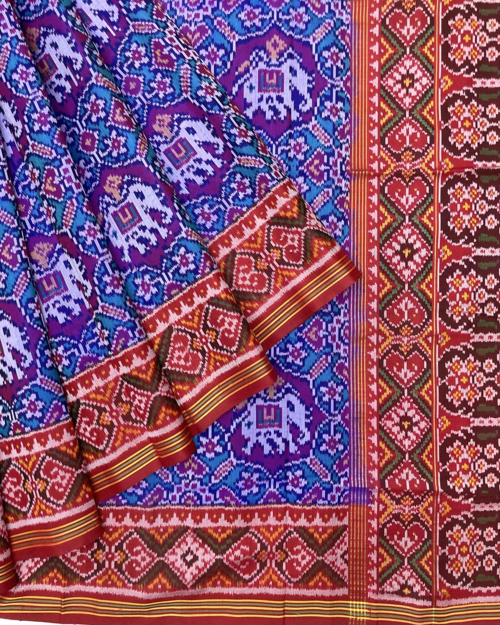Red & Turquoise Elephant Manekchowk Designer Patola Saree - SindhoiPatolaArt