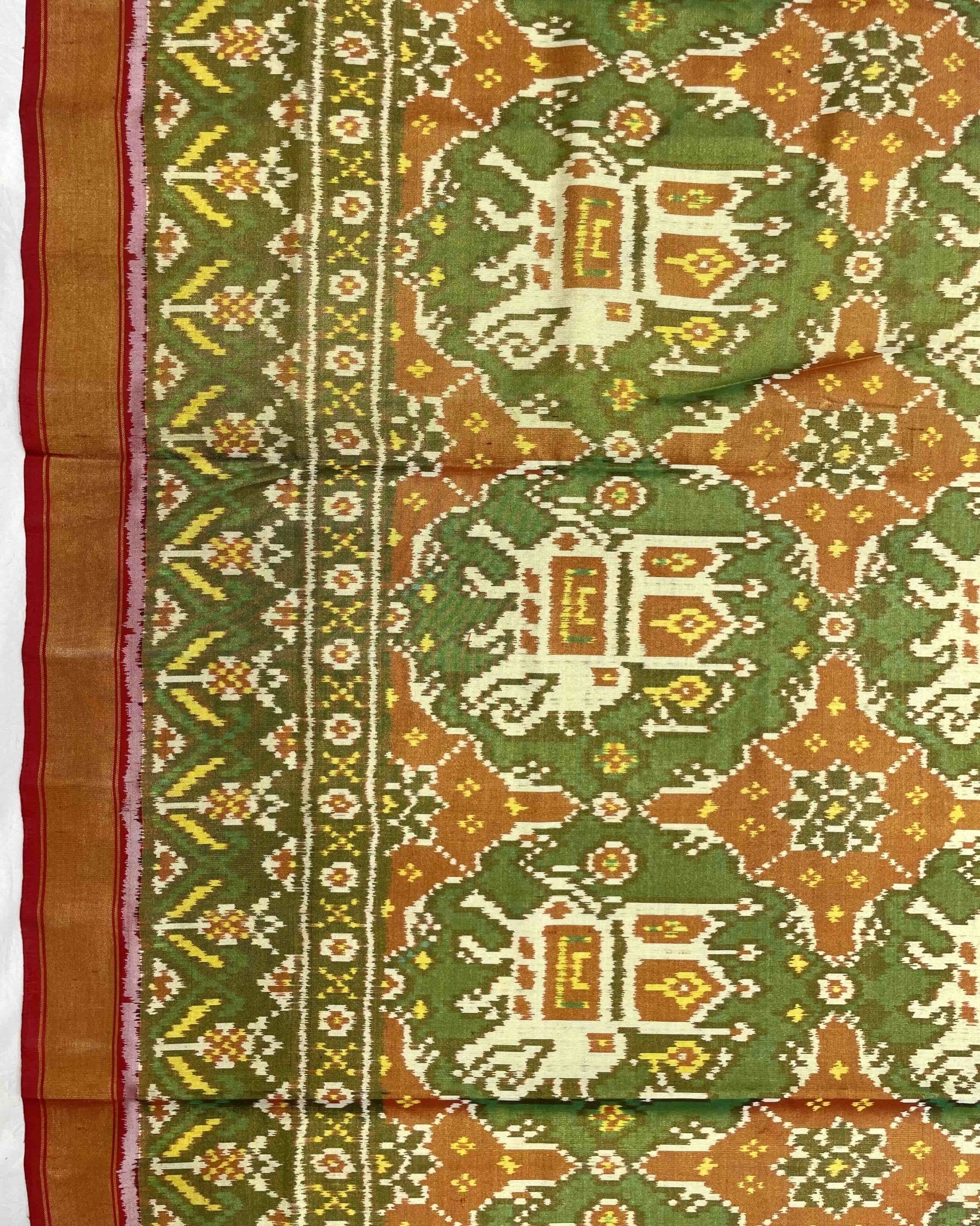 Red & Turquoise Green Big Figure Narikunj Tissue Patola Saree - SindhoiPatolaArt