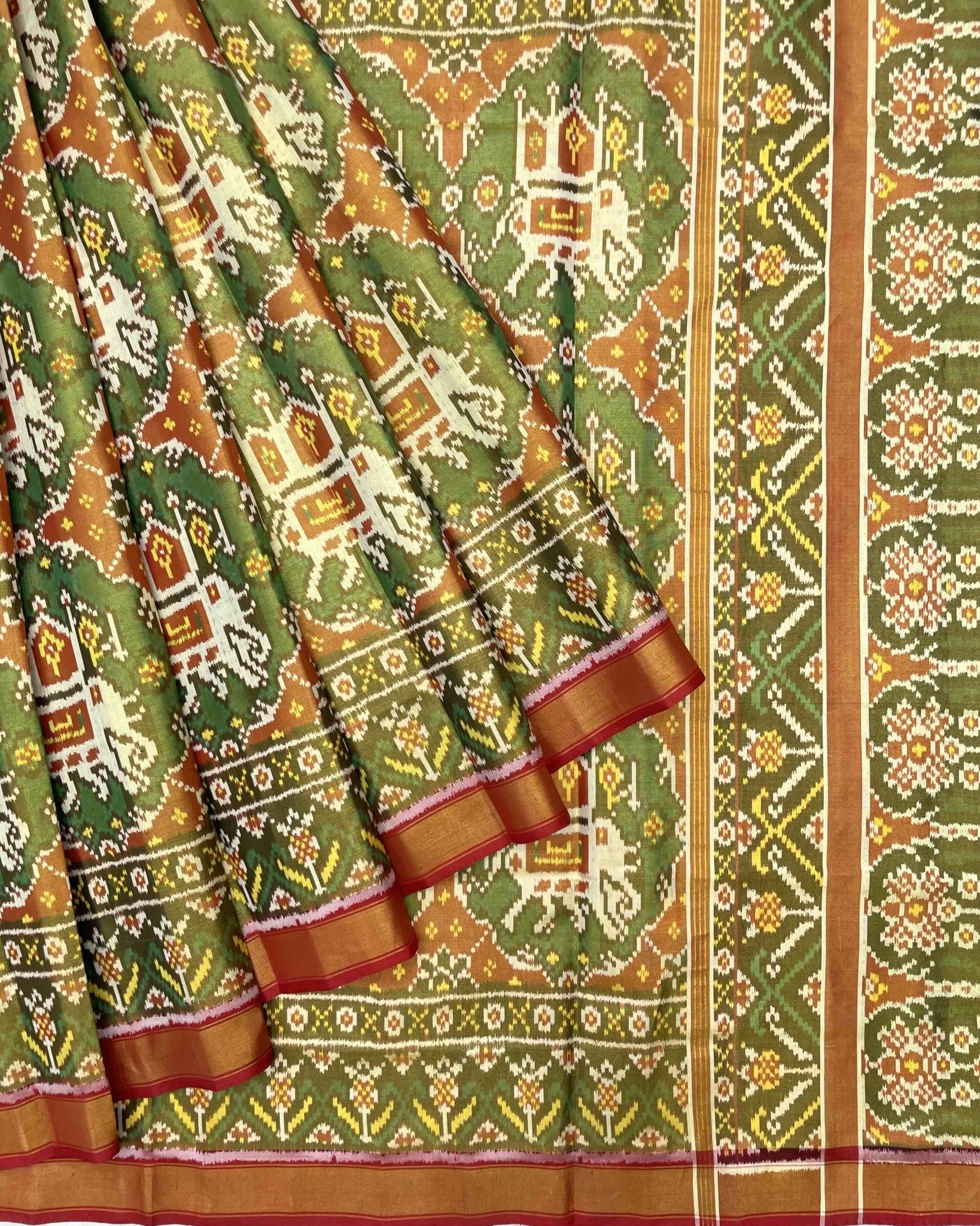 Red & Turquoise Green Big Figure Narikunj Tissue Patola Saree - SindhoiPatolaArt