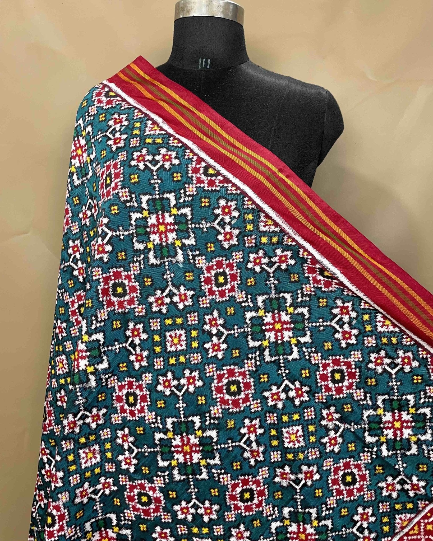 Red & Turquoise Navratan Designer Patola Dupatta - SindhoiPatolaArt